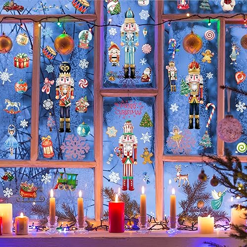 Miniatura 50 de BORAMDO 14 hojas de calcomanías de copo de nieve de muñeco de nieve, decoraciones de ventana extraíbles de Navidad para ventanas de vidrio