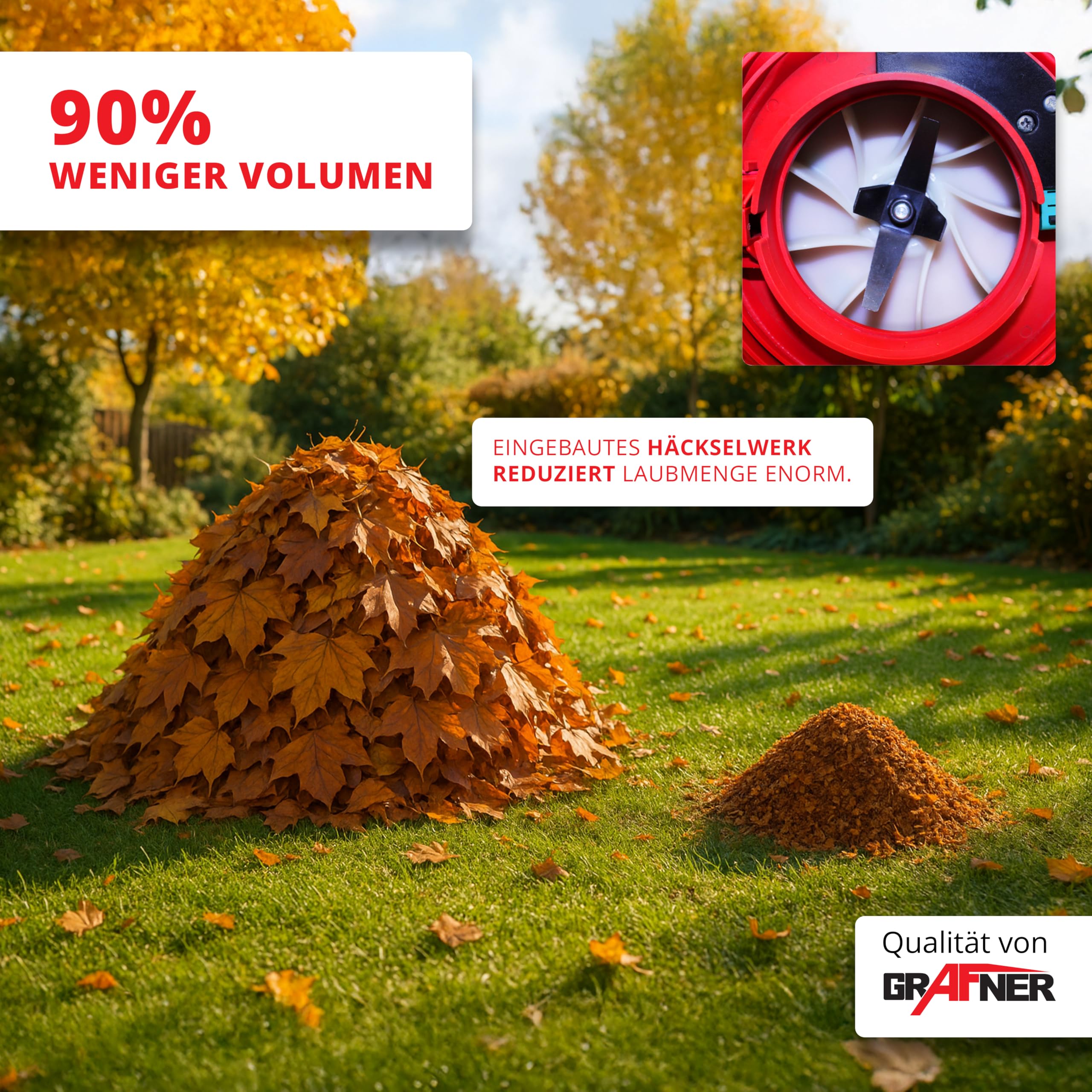 Grafner Benzin Laubsauger 3in1, 2-Takt, Laubbläser Laubsauger & Häcksler, incl. 35 Liter Fangsack, 2 Rohre, Schultergurt & Anti-Vibrationsgriff, Blasgeschwindigkeit: 71 m/s, 90% Laubreduktion