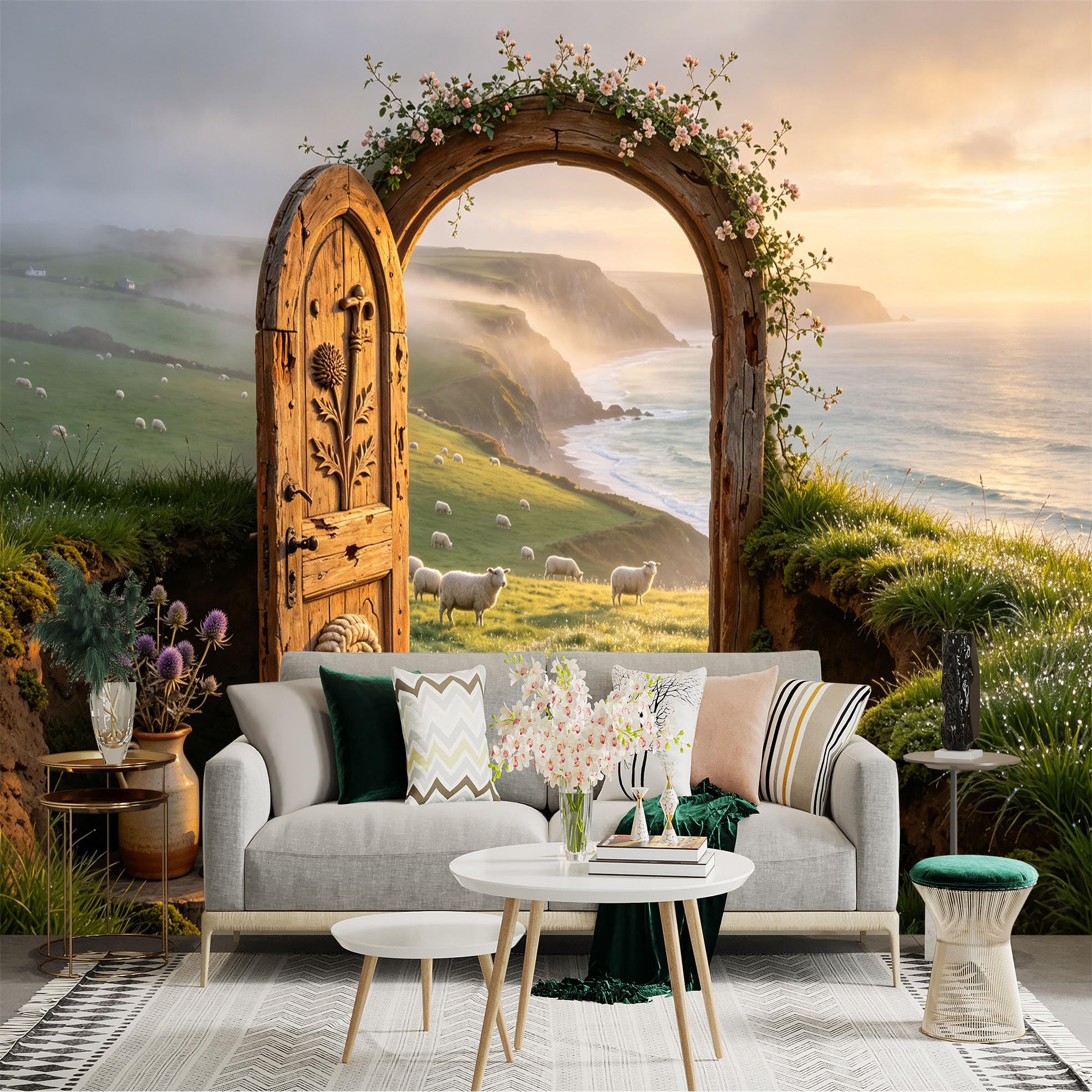 Custom Size Wall Sticker Mural， Rustic Coastal Archway， Sheep Meadow and Ocean Cliffs， for wall Decoration， peelandstick wall Decals.