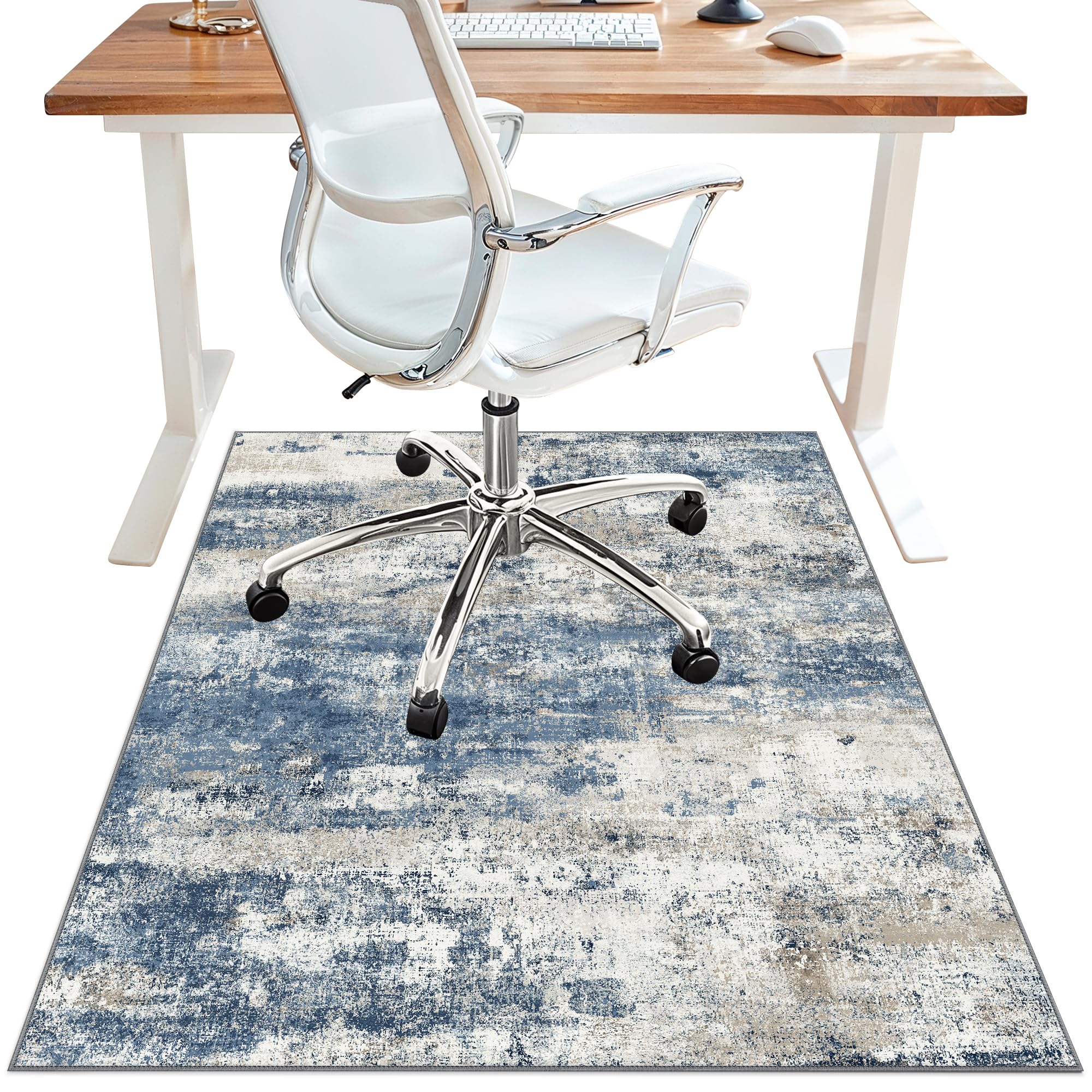 Photo 1 of Office Chair Mat for Hardwood Tile Floor, Abstract 48"X 60" Desk Mats for Office Chair on Rolling Chairs Carpet, Desk Anti-Slip 1/5" Thick Rug for Computer Chair, Thin Low-Pile Floor Mat, Navy Beige