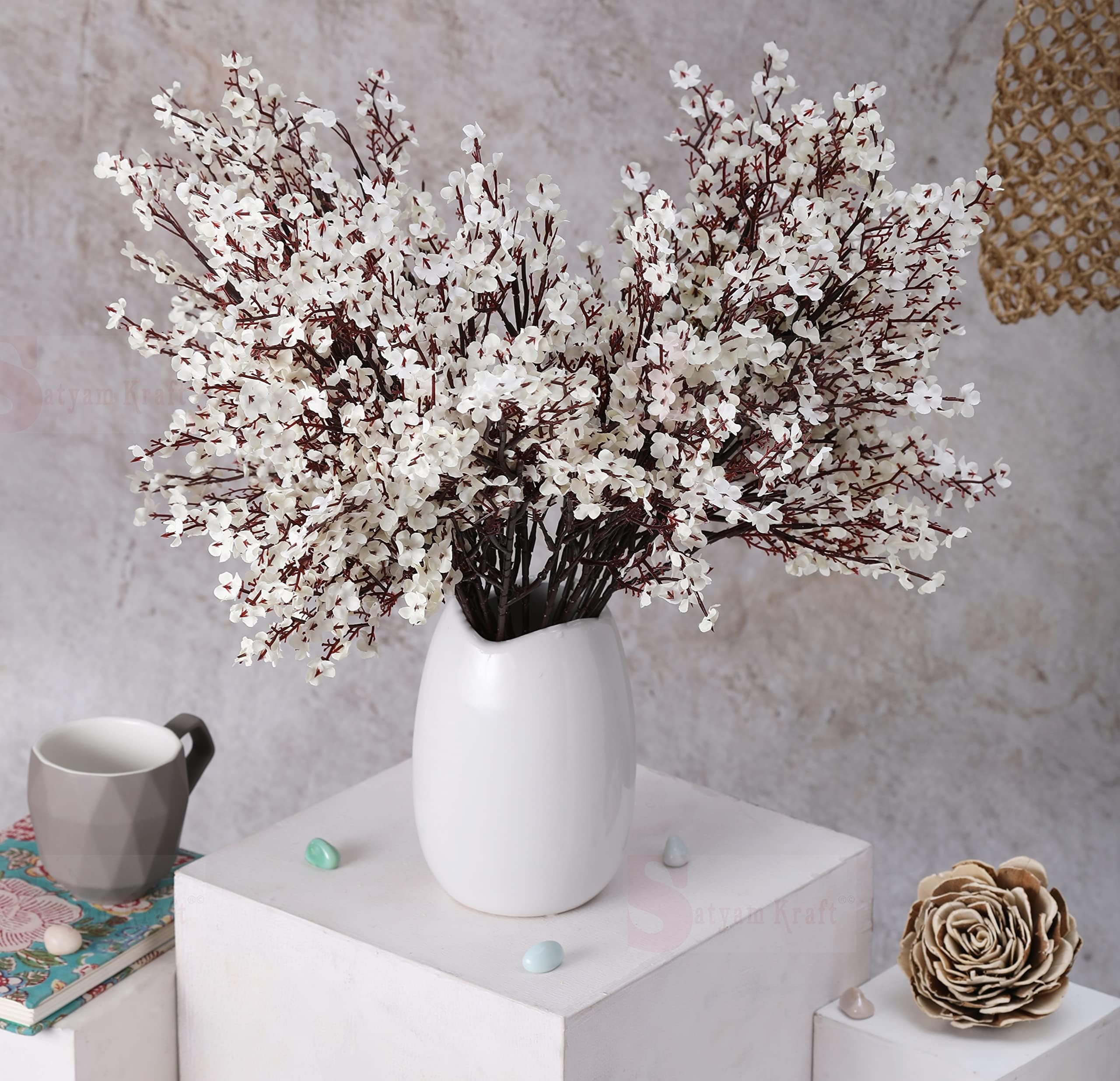SATYAM KRAFT 1 Bunch Artificial Babys Breath Gypsophila Flowers Bunch | Fabric Bouquet for Diwali Decoration Items, Home Decor, Bouquets, Bedroom, Living Room & Festive Decor (Without vase, White)