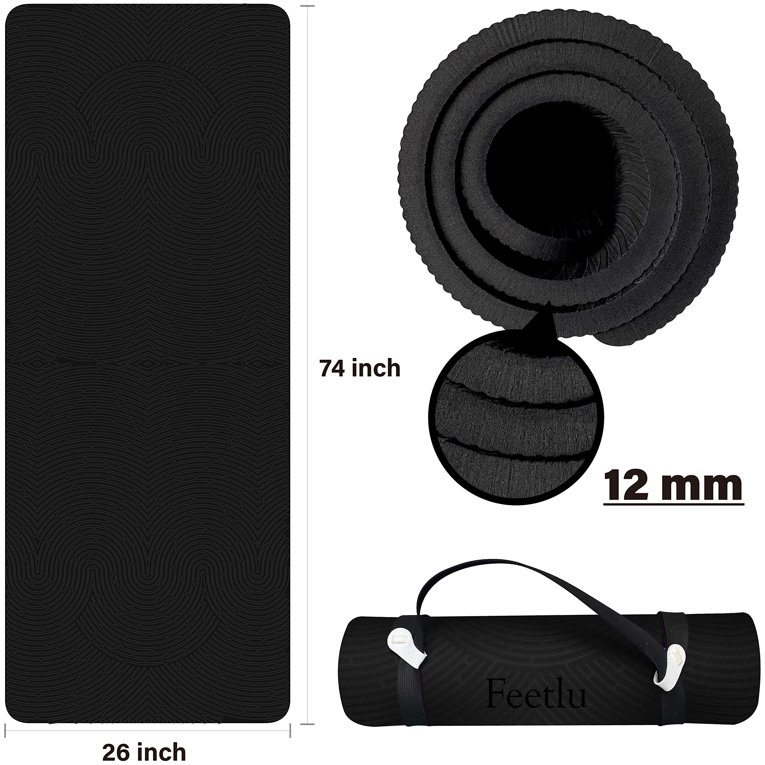 Feetlu Yoga Mat with Strap – 10mm & 12mm Thick Yoga Mat, Non-Skid Dual Surface Workout Mat, Eco-Friendly POE Yoga Mats for Women Men Kids, Perfect Exercise Mat for Pilates, Yoga, and Floor Workouts, Includes Carrying Strap.