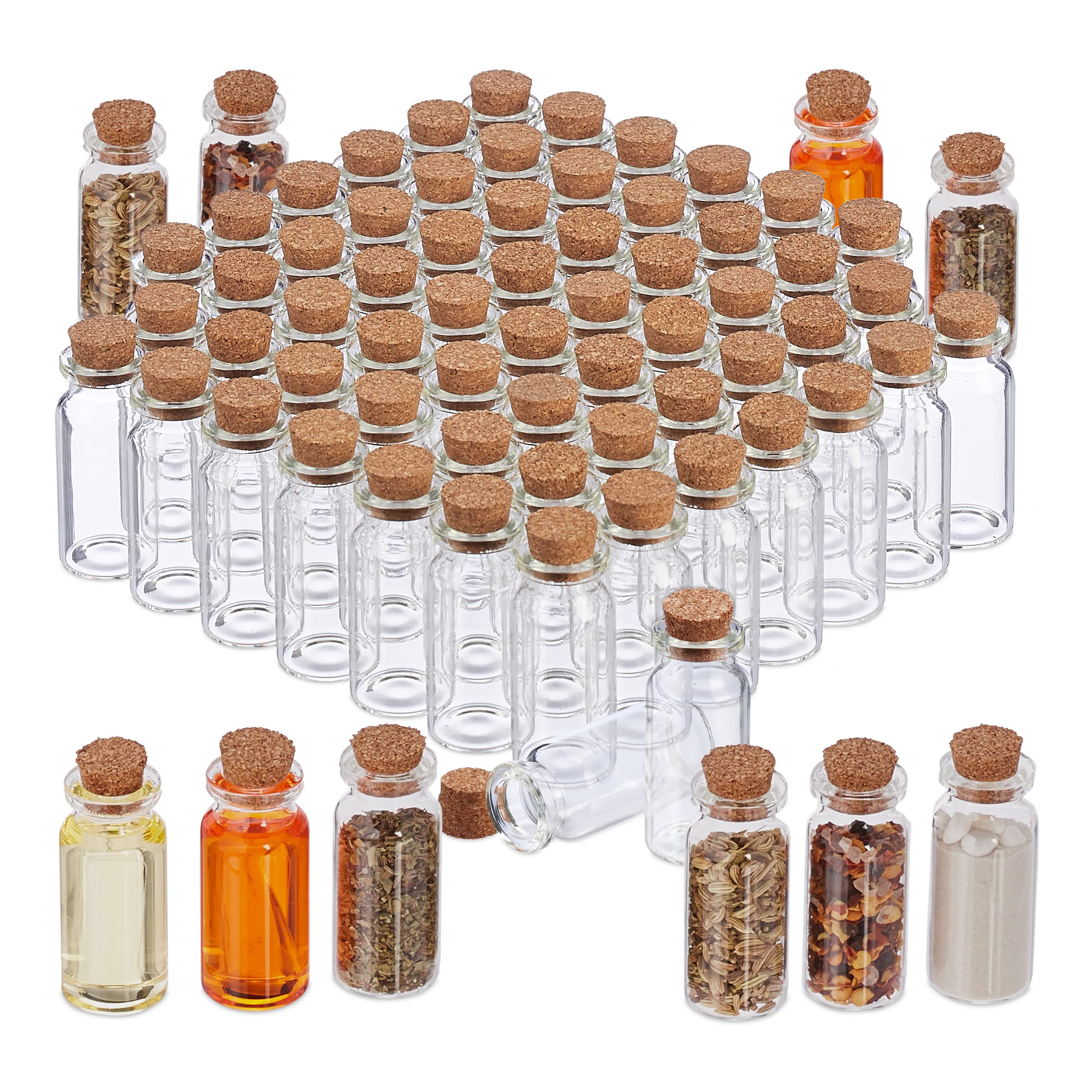 Relaxdays 288x Bottigliette in Vetro per Bomboniere, Barattolini con Tappo in Sughero, Vasetti da 10 ml, Trasparente