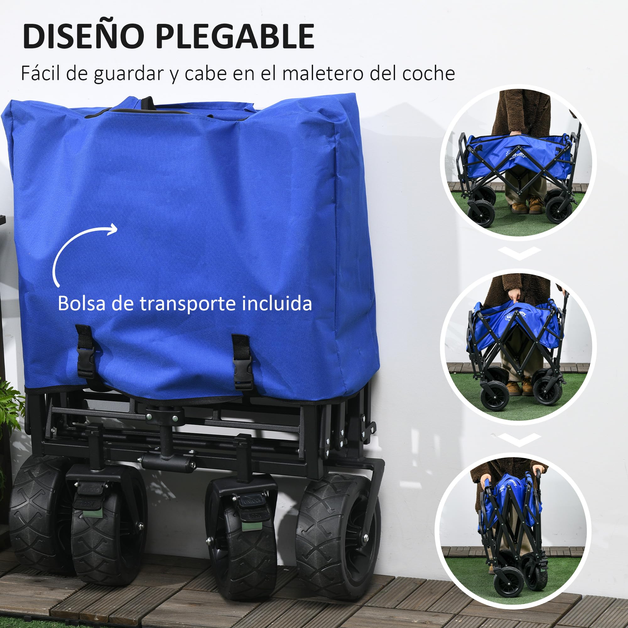 Outsunny Chariot de Jardin et Plage Pliant 100 kg Bleu Foncé | Longueur et angle de poignée réglables, porte arrière, sac de transport, pour shopping