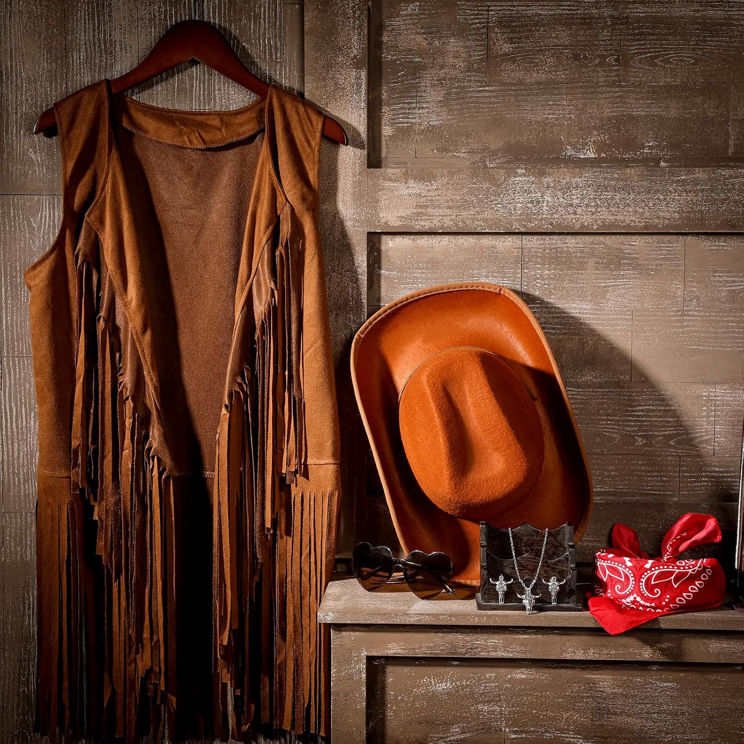 Zonon 6 Pcs Western Cowgirl Costume Outfits for Women Cowgirl Vest Hat Sunglasses Bandana Earrings Necklace for Halloween - Image 7