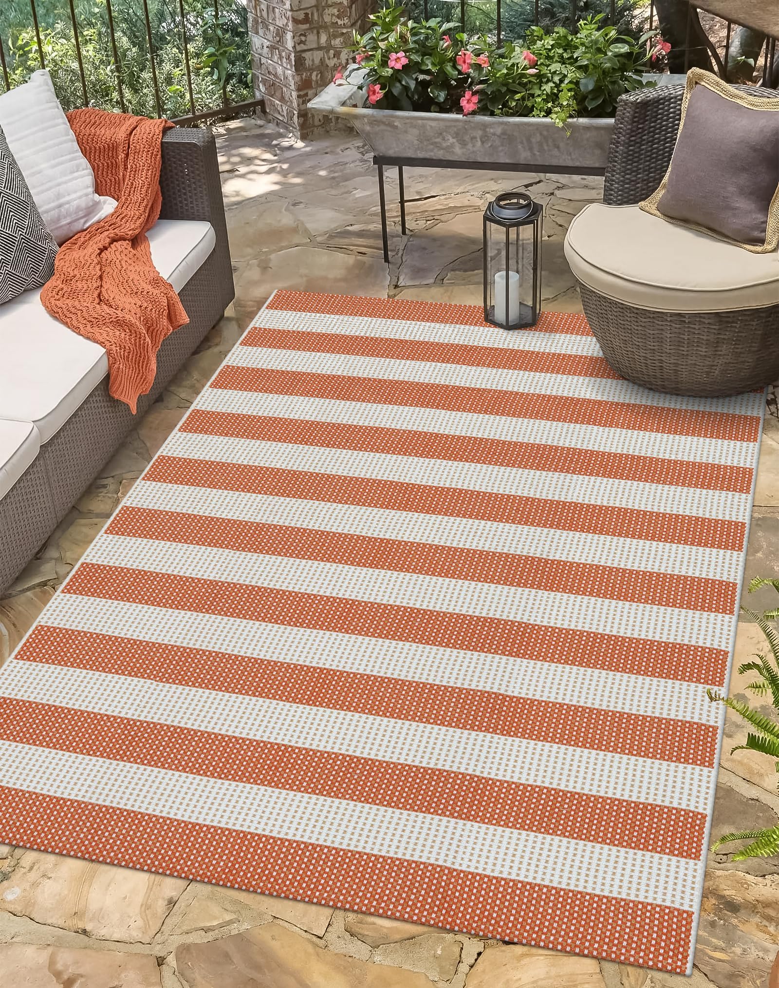 LEEVAN Reversible Outdoor Mats 4x6, Washable Outdoor Patio Rug, Orange and White Stripe Backyard Area Rug, Floor Mat and Rug for Outdoors, RV, Deck, Picnic, Beach, Trailer, Camping