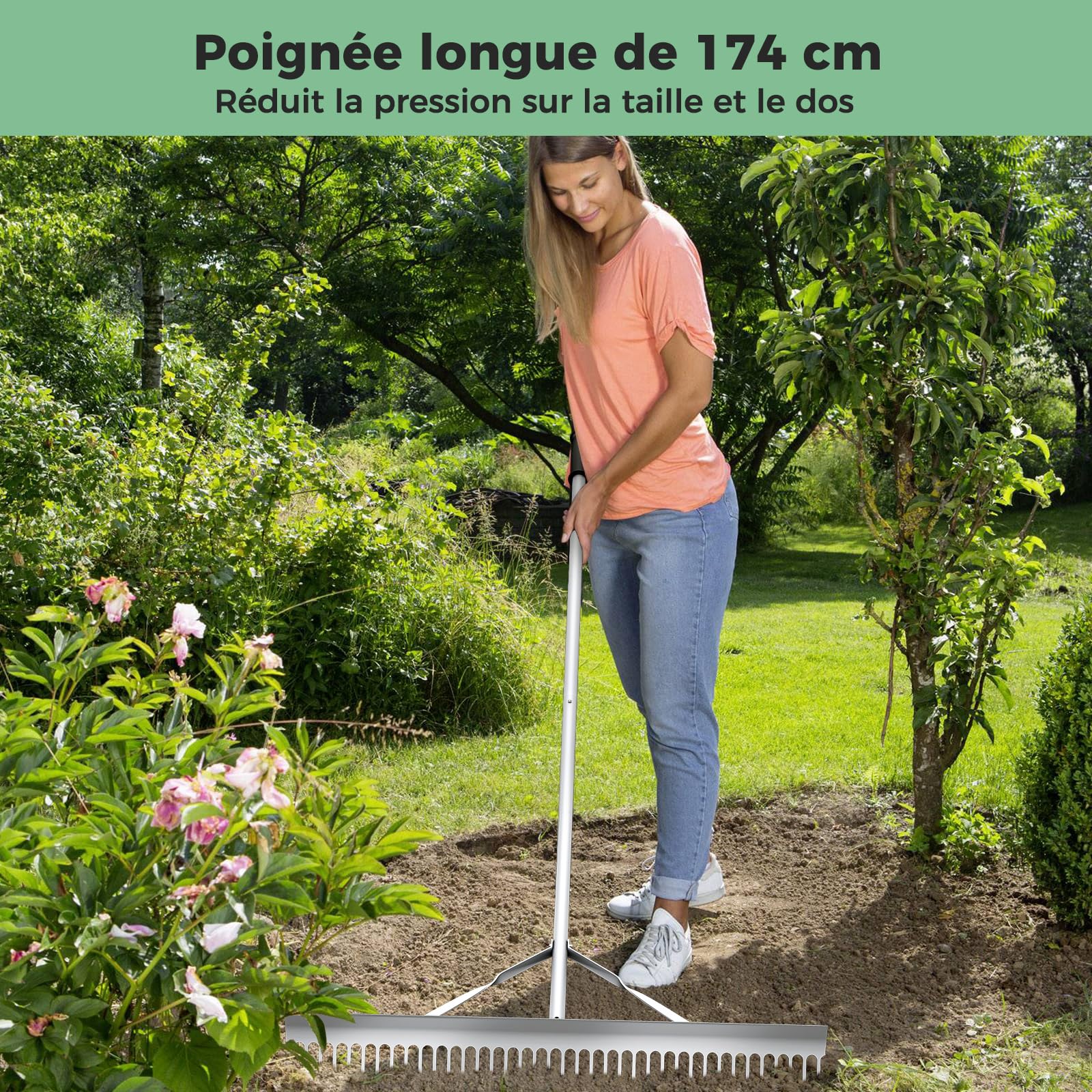 COSTWAY Râteau de Jardin en Aluminium avec Large Tête de 91 cm, Rateau de Paysage avec Manche de 174 cm de Long et 36 Dents, Outils de Jardin pour Bord du Lac Étang et Plage