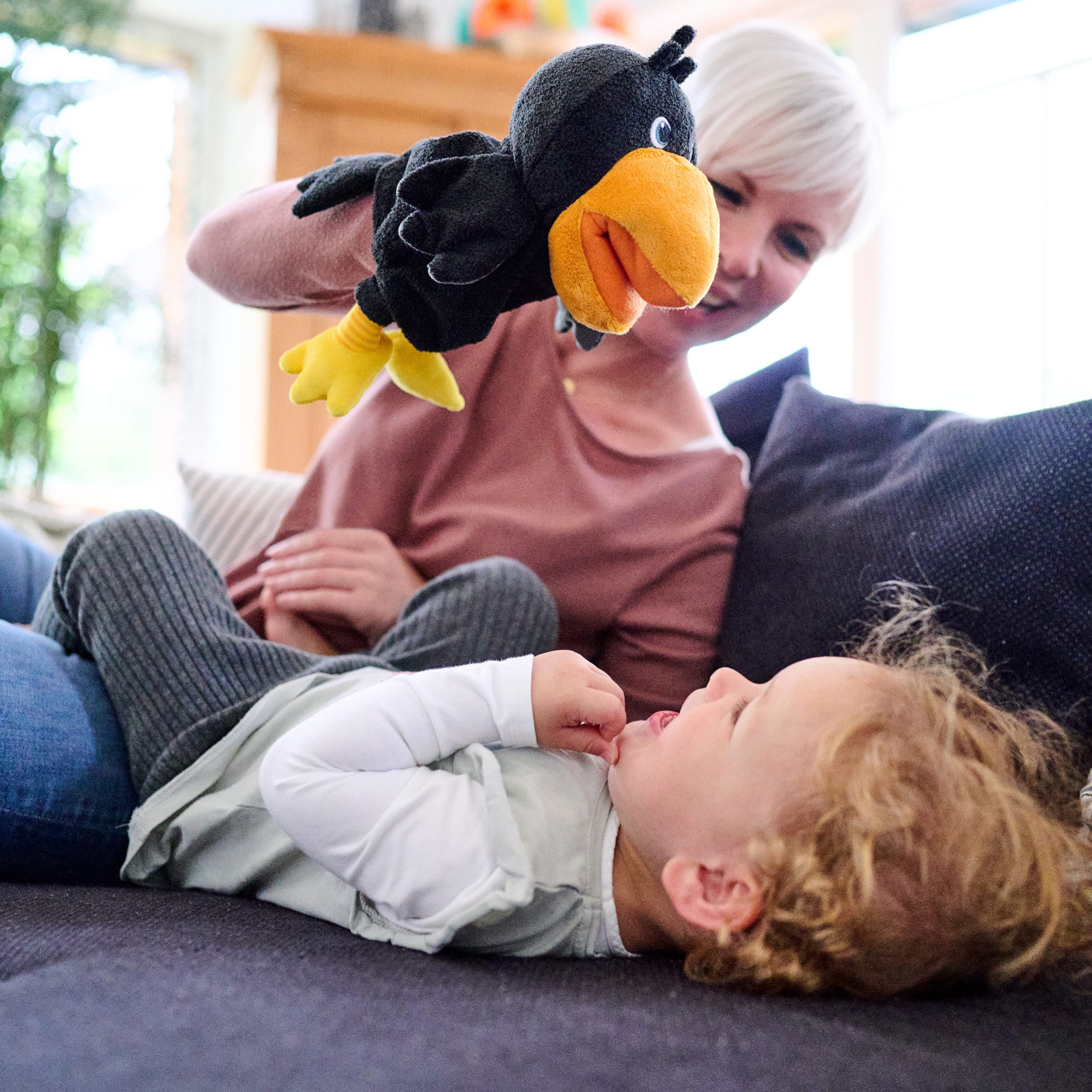 HABA 304203 Hand Puppet Raven Theo, the Cheeky Raven from the Haba Classic Fruit Garden as Cuddly Hand Puppet, Toy from 18 Months