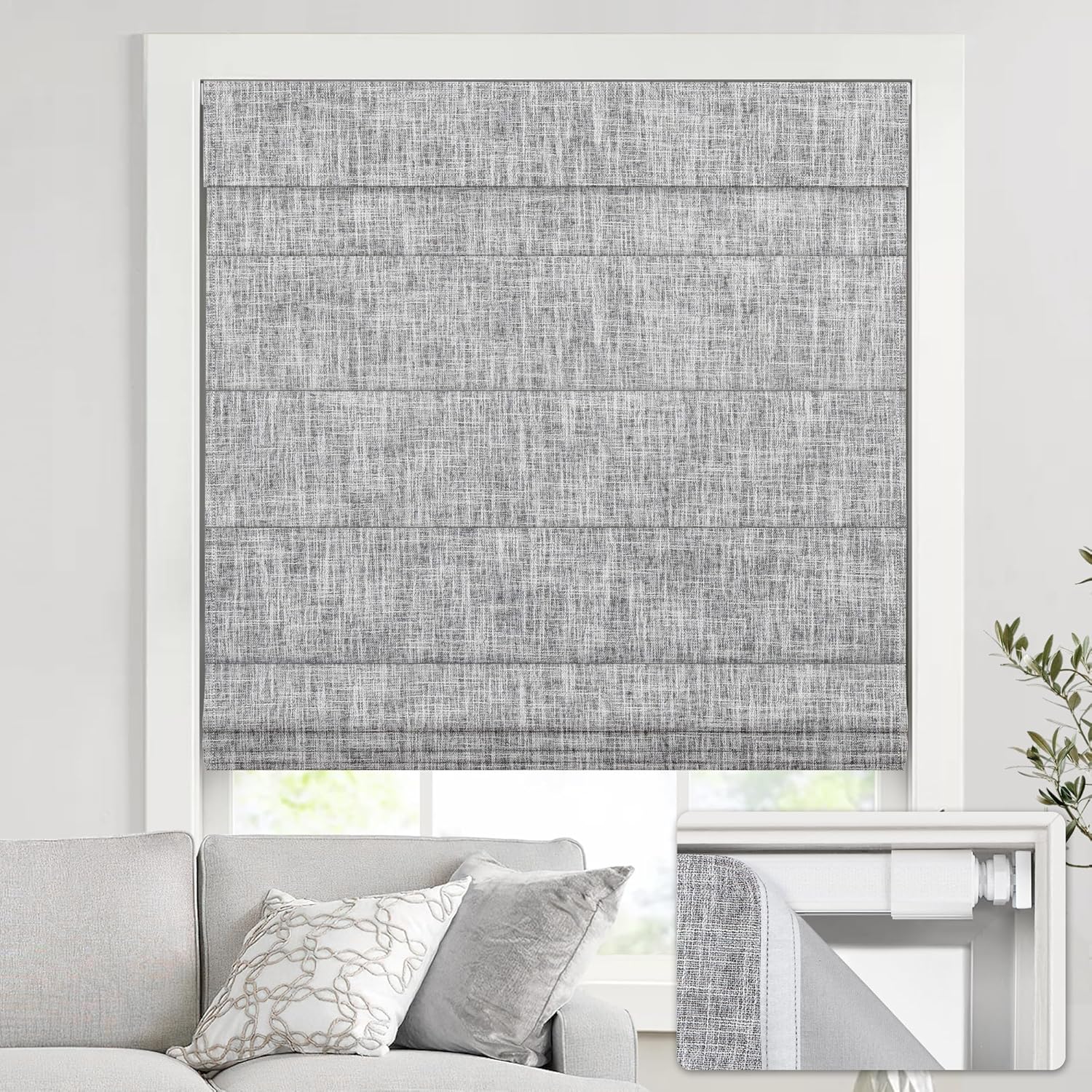 no Drill Cordless Roman Shades for Windows, 36" W × 64" H - 100% Blackout - Linen - Grey 100% Blackout - Linen - Grey 36" W × 64" H