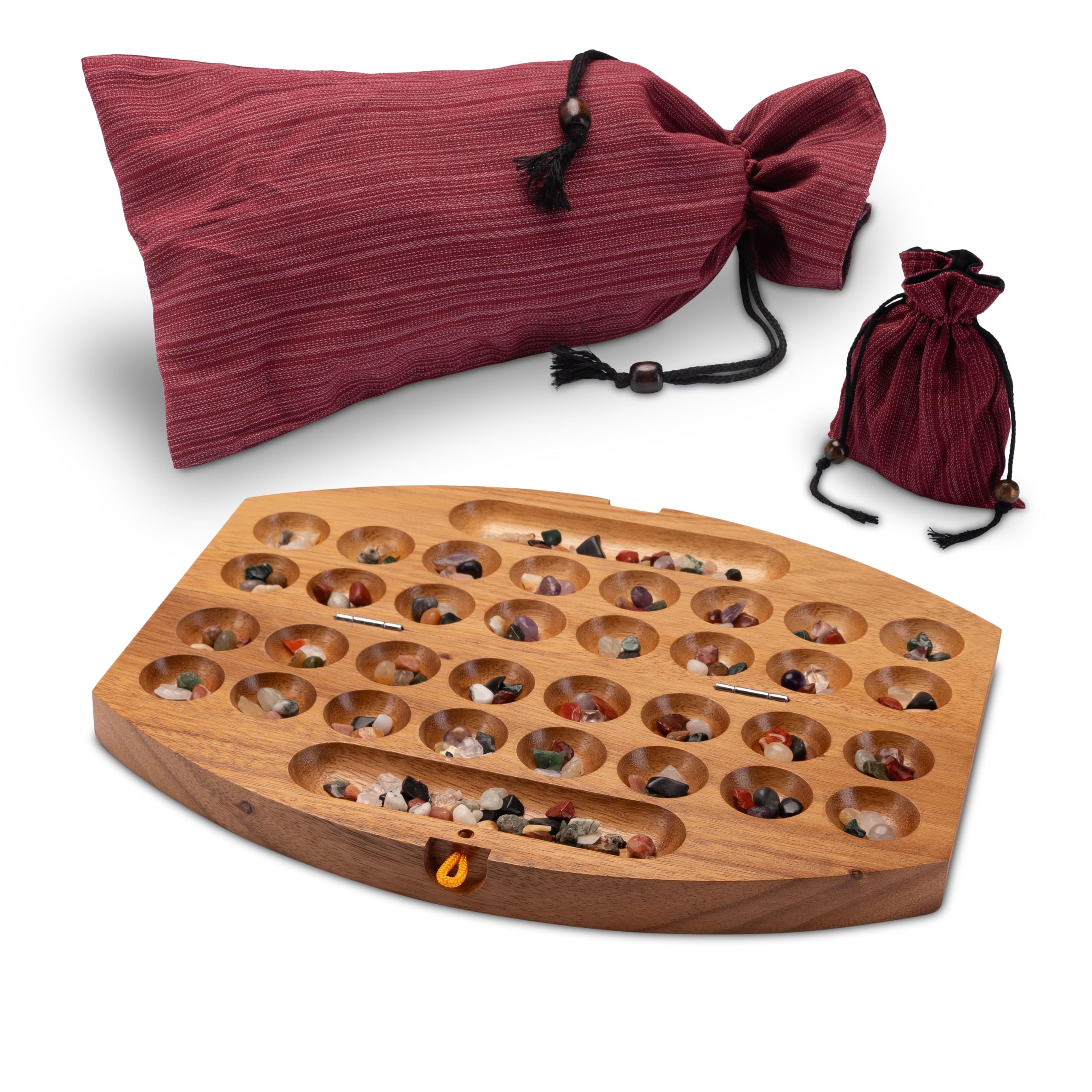 LOGOPLAY Kalaha - sehr kleines Reisespiel für 2 Spieler mit Stoffbeutel - 30cm Oval - Edelsteine inklusive