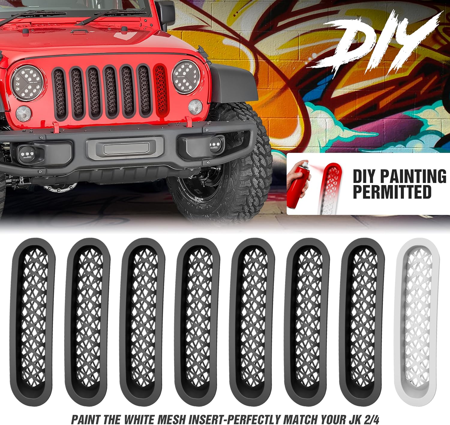 Grill Inserts Black, Front Mesh Grille Cover Compatible with 2007-2018 Jeep JK Wrangler & Unlimited Wrangler Accessories, Car Grill Mesh (7PCS Black + 1PCS White)