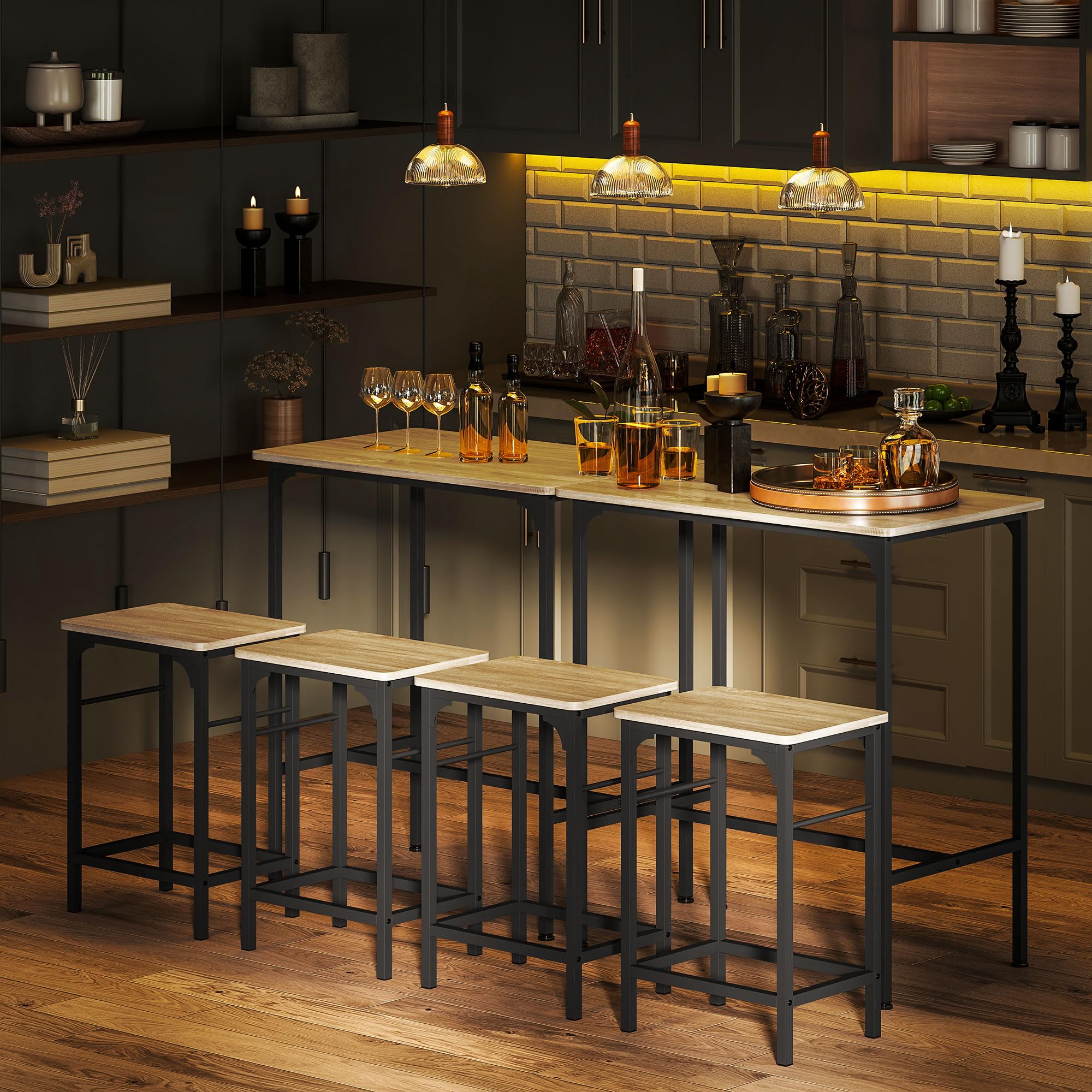HOMCOM - Conjunto de Mesa de Bar con taburetes, Mesa de Comedor de pie con 2 sillas de Bar, Marco de Acero para Cocina, Comedor y Sala de Estar, Efecto Madera Natural
