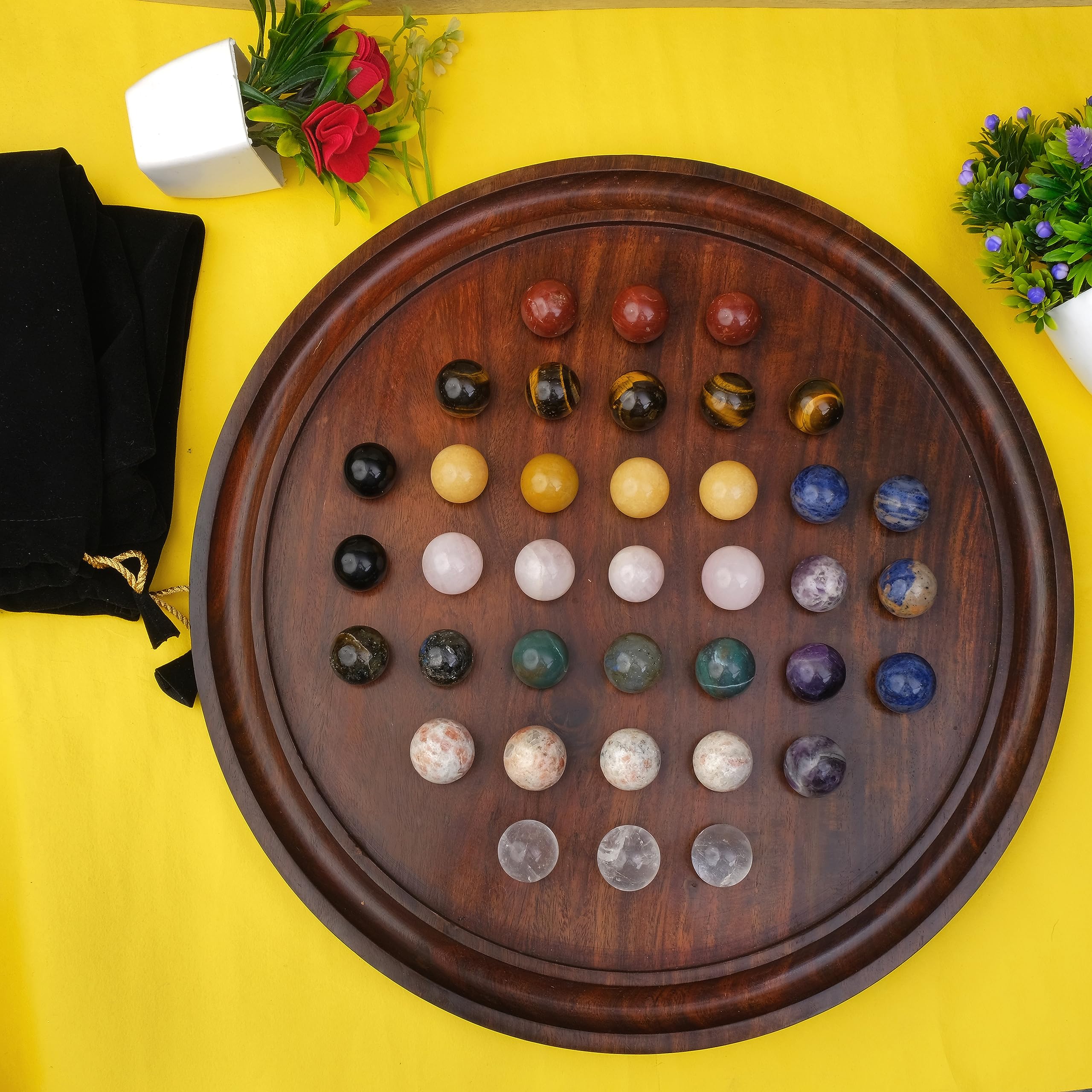 Rosewood Solitaire zestaw do gry planszowej z 36 naturalnymi kulkami – autentyczne, ręcznie robione deski pasjansowe, dla dorosłych na każdą okazję (30 cm)