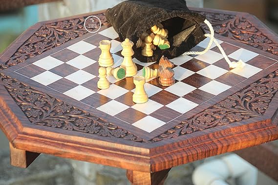 Royal Chess Table Hexagonal Unique Rosewood Wood | Hand Carving Luxury Chess Set with Folding Game Board for Office, Travel, Farm House, Showroom Gift Uses