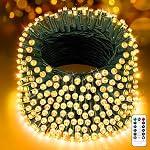 XURISEN 403FT 1000 LED Lumières de corde en plein air de fil vert lumières de Noël 8 Modes & Timer Imperméable Fairy Lights Plug in pour la fête, mariage, cour, jardin, intérieur / extérieur décorations (blanc chaud)