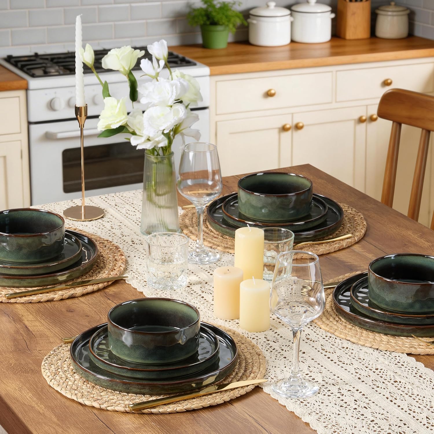 LIANYU Stoneware Dinnerware Set, 6 Piece Plates and Bowls Sets for 2, Ceramic Dish Set Includes Dinner Salad Plates, Cereal Bowls, Microwave & Dishwasher Safe, Moss Green