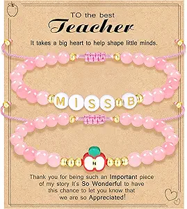 Teacher Appreciation Bracelet Gifts for Women Initial Beaded Bracelets Back to School Thank You Teacher Gifts 2pcs Link Bracelet New Teacher Graduation Gift Birthday Retirement Teachers' Day Jewelry