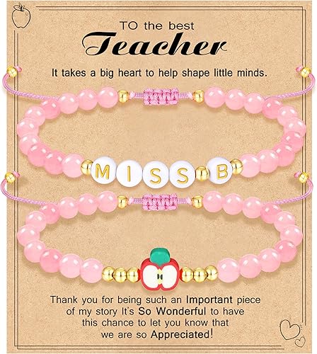Teacher Appreciation Bracelet Gifts for Women Initial Beaded Bracelets Back to School Thank You Teacher Gifts 2pcs Link Bracelet New Teacher Graduation Gift Birthday Retirement Teachers' Day Jewelry