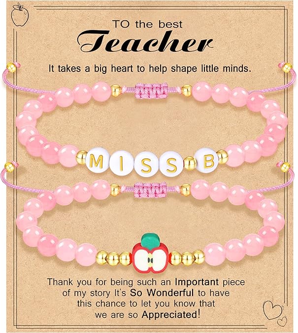 Teacher Appreciation Bracelet Gifts for Women Initial Beaded Bracelets Back to School Thank You Teacher Gifts 2pcs Link Bracelet New Teacher Graduation Gift Birthday Retirement Teachers' Day Jewelry