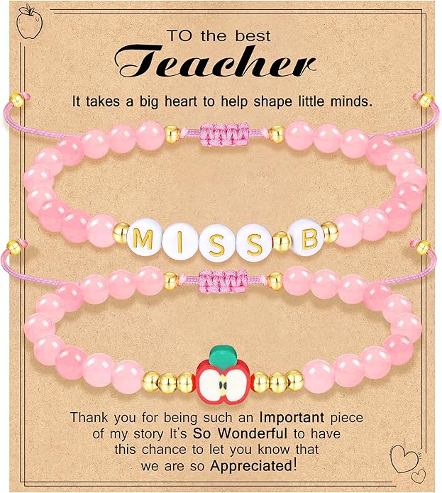 Teacher Appreciation Bracelet Gifts for Women Initial Beaded Bracelets Back to School Thank You Teacher Gifts 2pcs Link Bracelet New Teacher Graduation Gift Birthday Retirement Teachers' Day Jewelry