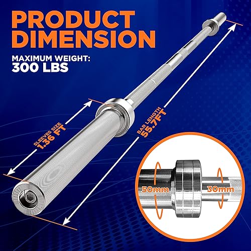 Miniatura 2 de SereneLife Barra olímpica de acero cromada, barra de entrenamiento recta de hierro sólido de 7 pies para levantamiento de pesas, ejercicios de