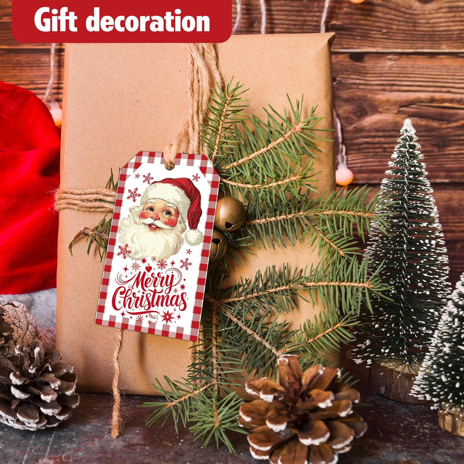 Merry Christmas Gift Labels with String, 2x3.5 Inches Christmas Santa Claus Paper Tags, 50PCS Buffalo Plaid Gift Tag for Xmas Presents, Holiday Wrapping Party Favor Decor Supplies-A01 - Image 3