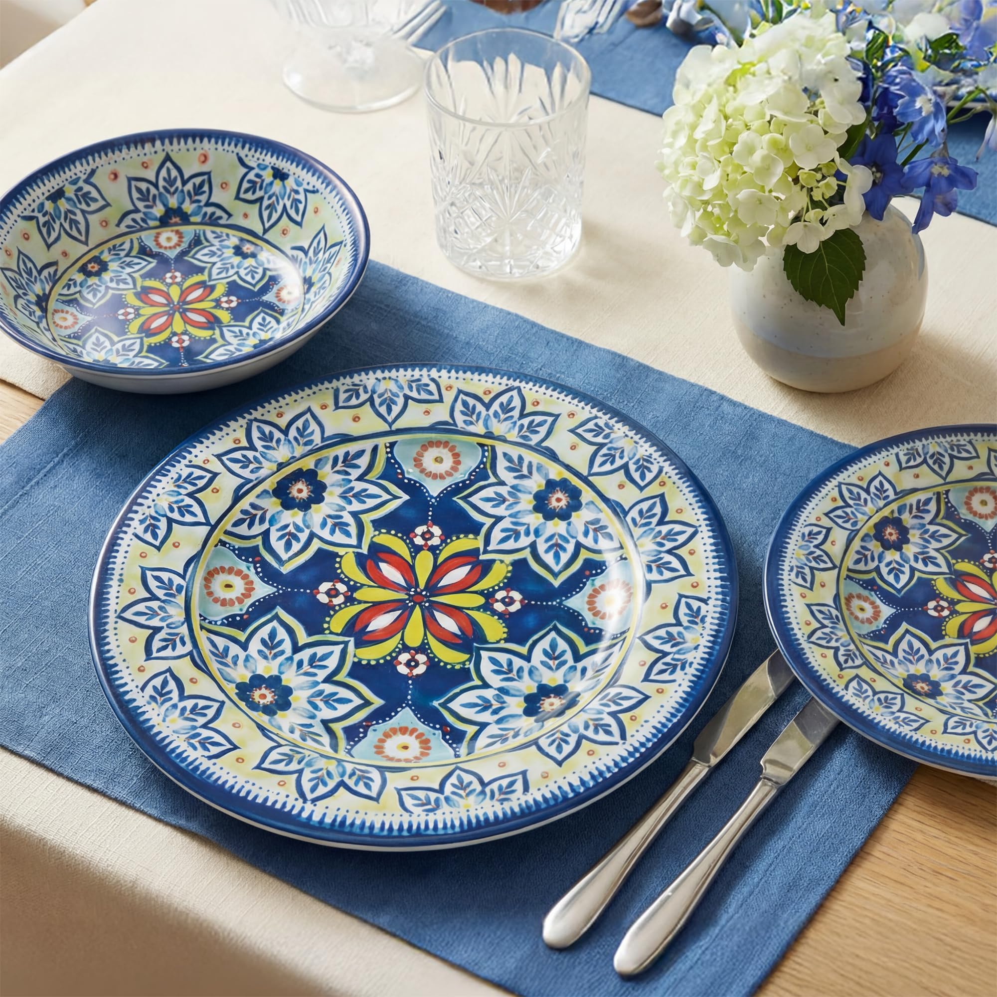 Photo 1 of 12-Piece Blue Melamine Dinnerware Set, Service for 4, Unbreakable Kitchen Plate and Bowl Set for Indoor & Outdoor Use, Lightweight and Durable, Great for Camping, Picnics, Parties and RVs