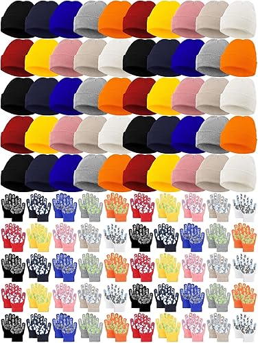 Paquete de 100 gorros y guantes antideslizantes para niños, gorro de punto cálido, guantes de invierno a granel para niños y niñas