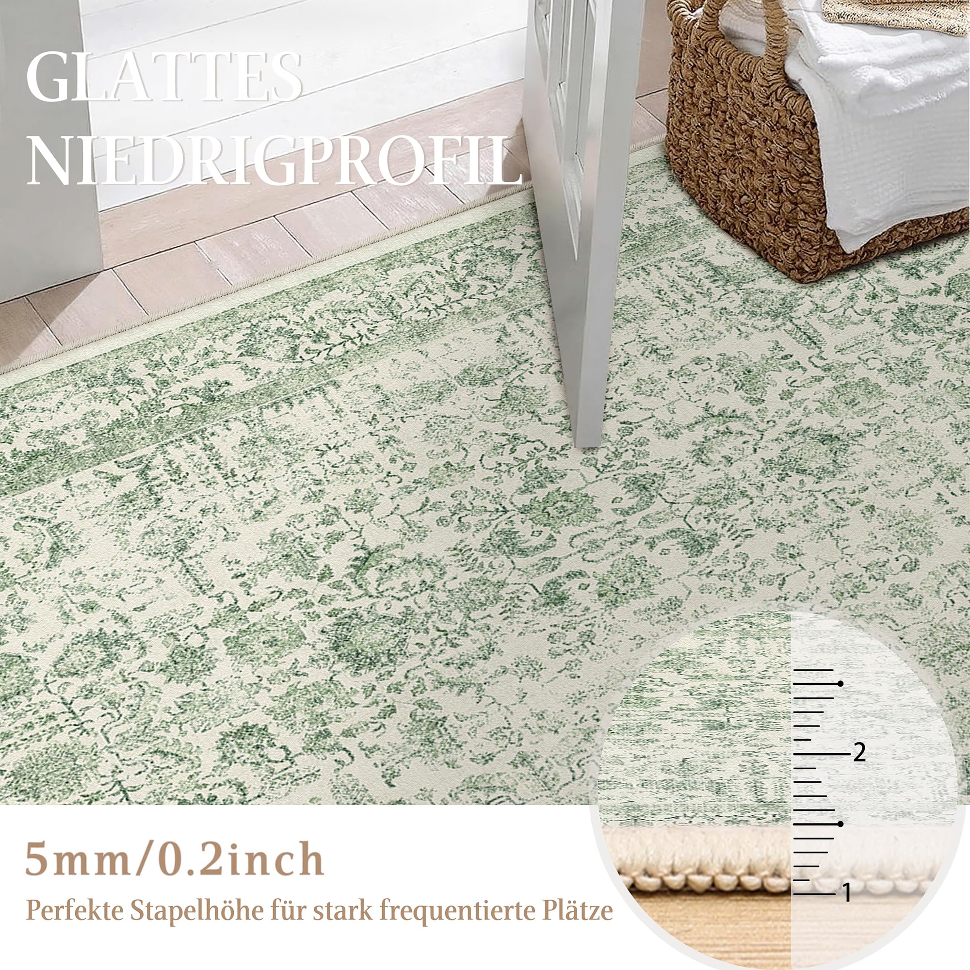 Tappeto Verde Zona Lavabile – Soggiorno E Camera Da Letto – Antiscivolo, Morbido In Finta Lana – 120x180 Cm