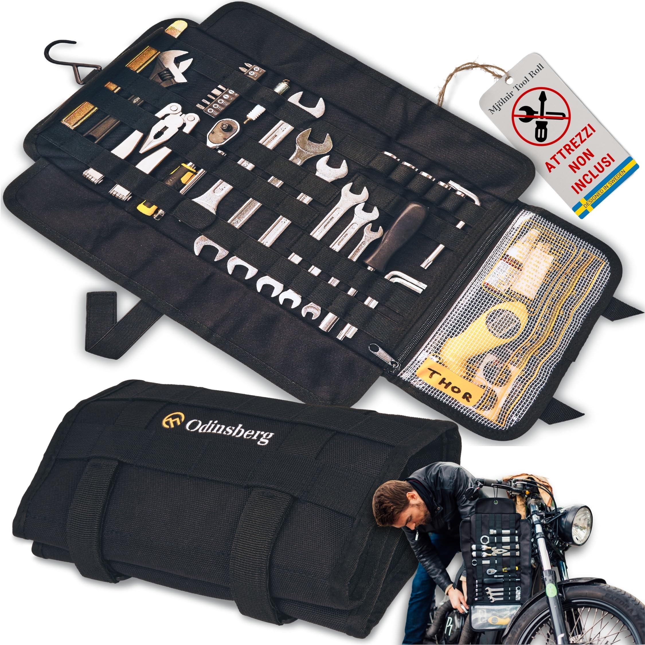 ODINSBERG Borsa Porta Attrezzi Moto Arrotolabile - Attrezzi NON Inclusi - Borsello Moto con 56 Elastici, Tasca, Sistema MOLLE e Doppia Chiusura per Proteggere e Organizzare il Kit di Attrezzi