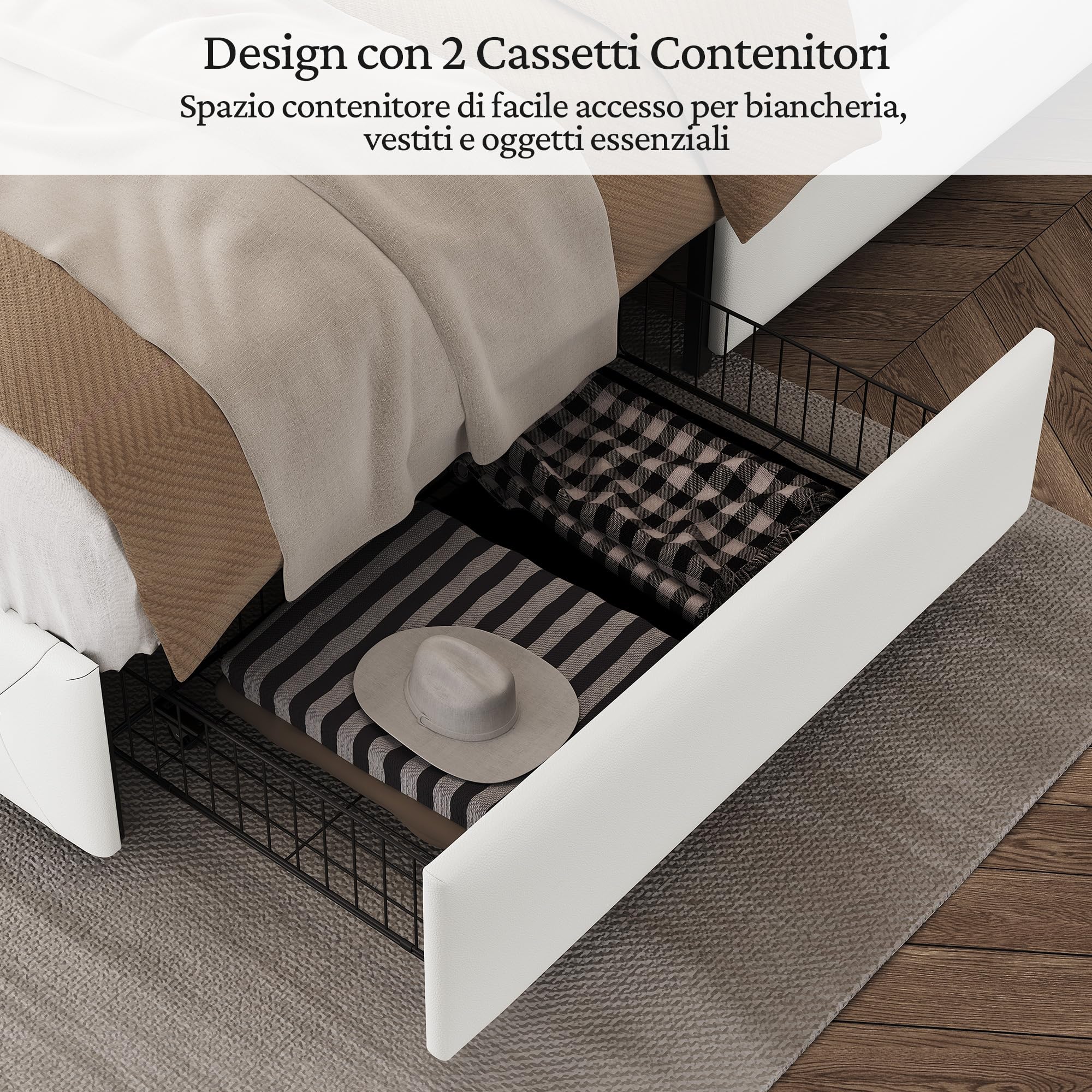 Yaheetech Letto Imbottito Matrimoniale 2 Cassetti (Bianco, 160 x 200 cm) | Letto Contenitore Doghe Legno Testiera Regolabile Camera da Letto Moderno