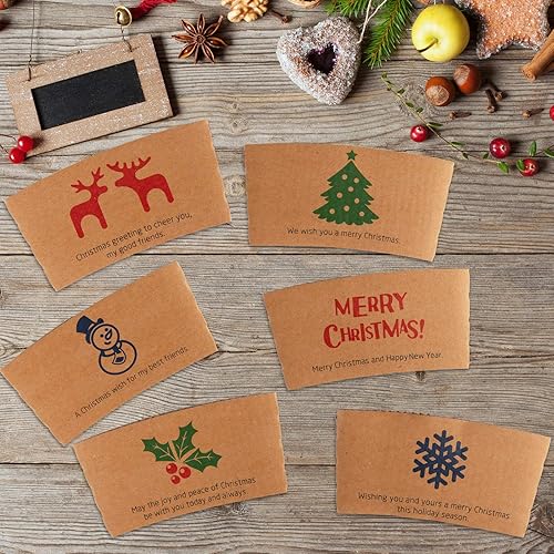 Miniatura 4 de Whaline Paquete de 60 fundas de papel kraft para taza de café de Navidad, 6 diseños de fundas de papel kraft para vasos de papel de 12 y 16 onzas,