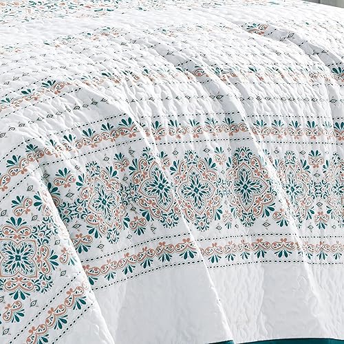 Miniatura 5 de ESCA Juego de colcha reversible de 3 piezas con medallón adornado blanco y verde azulado con 2 fundas de almohada, tamaño KingCal King,