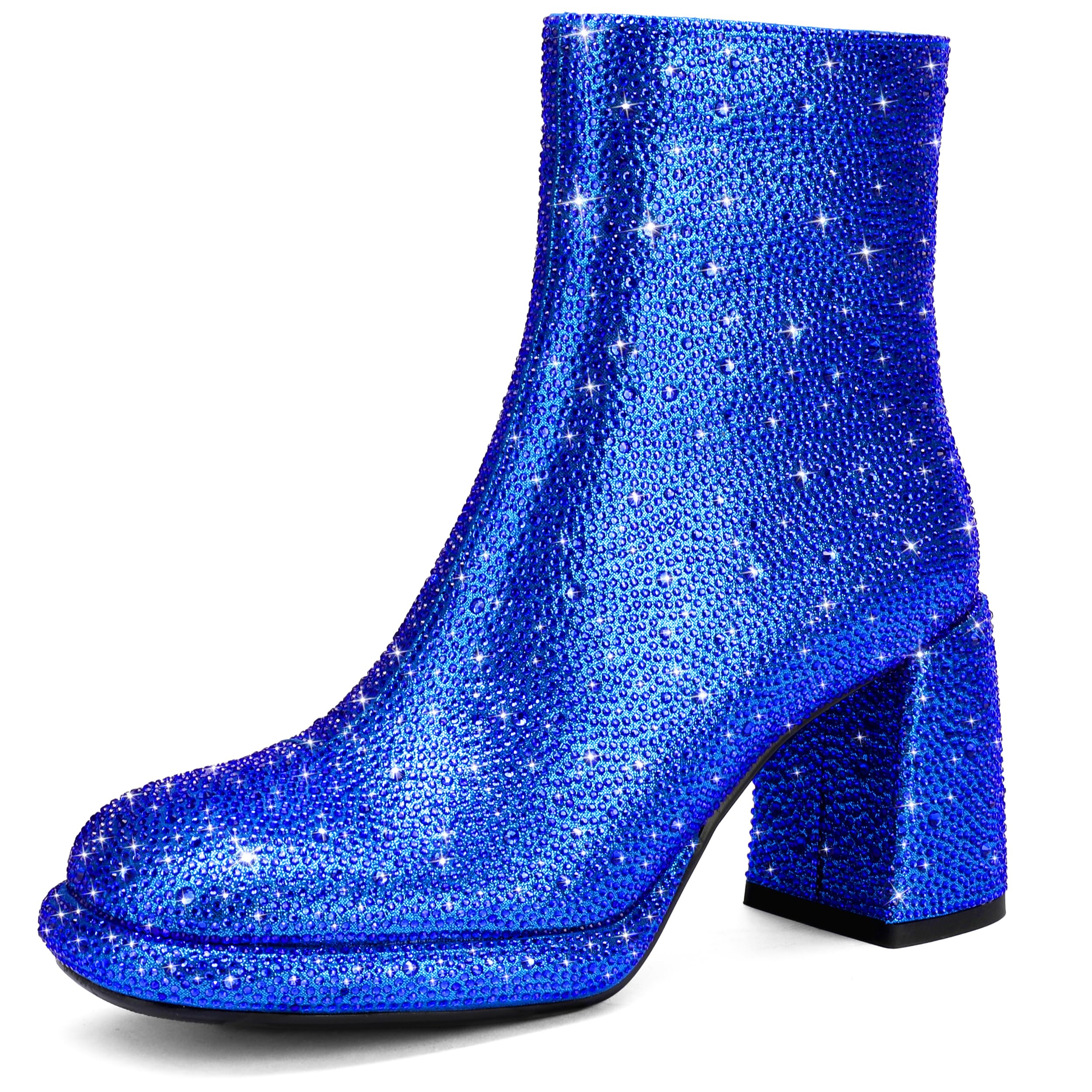 Rhinestone Boots For Women Chunky Block Heeled Sparkly Platform Ankle Booties Glitter Shoes Wedding Bride