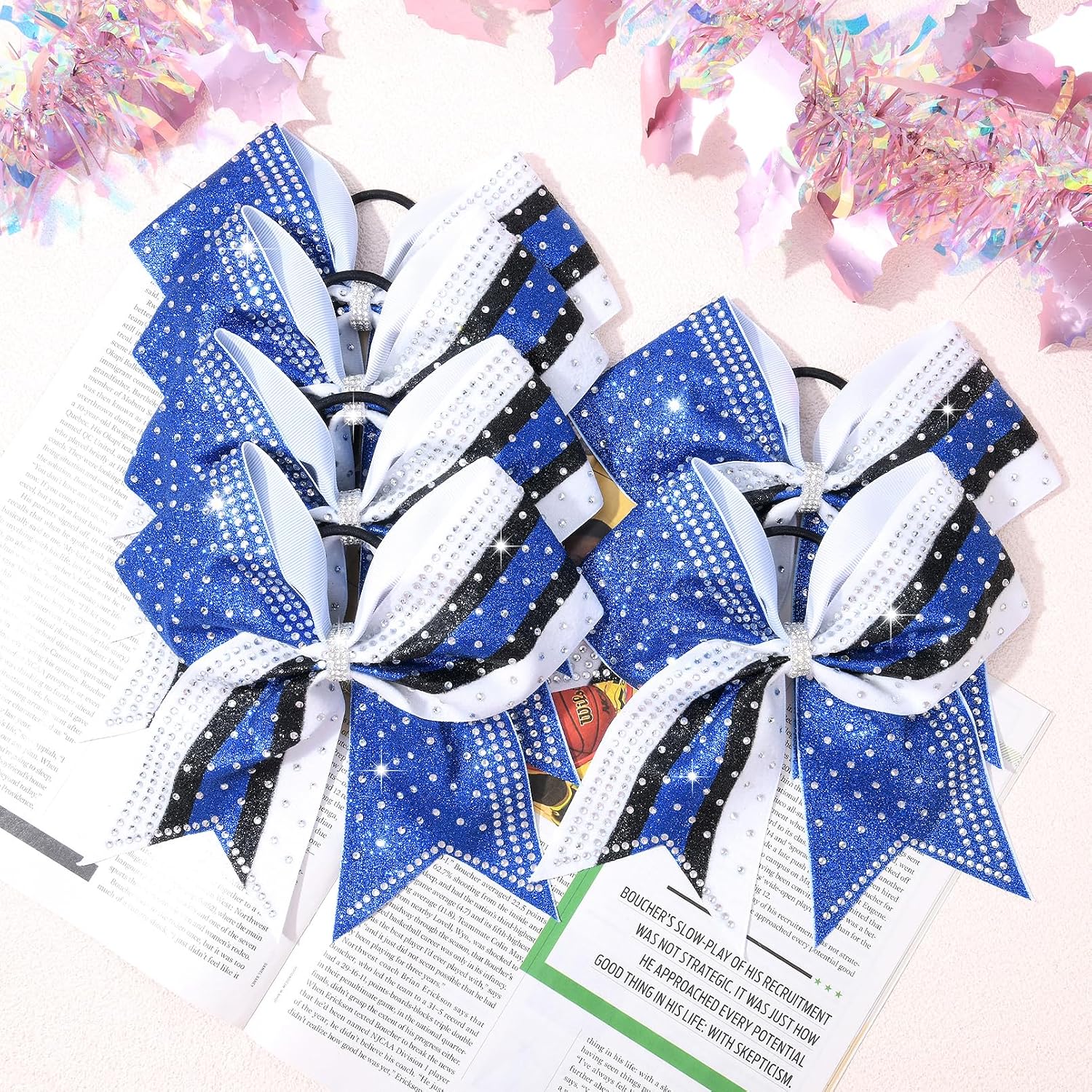 6PCS Glitter Cheer Bow Large Cheer Bows Rhinestones Hair Bows Girls 8"Cheerleading Bows Bulk Elastic Band Ponytail Holder for Teen Girls College Sports Competition