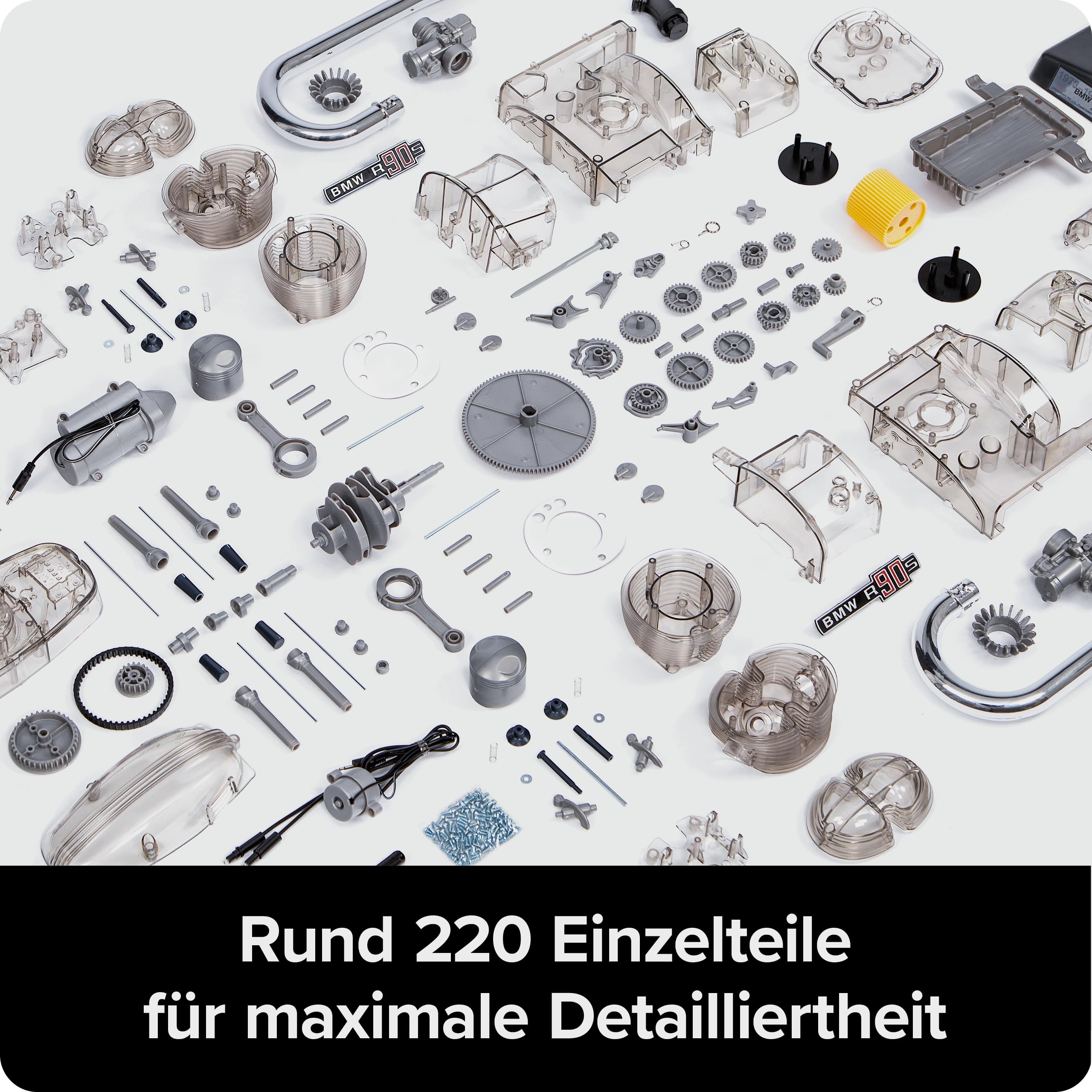 Franzis BME019 67009 0 BMW R 90 S Boxermotor originalgetreues Modell, Bausatz mit schaltbarem 5 Gang Getriebe, über 200 Teile und Begleitbuch, bunt