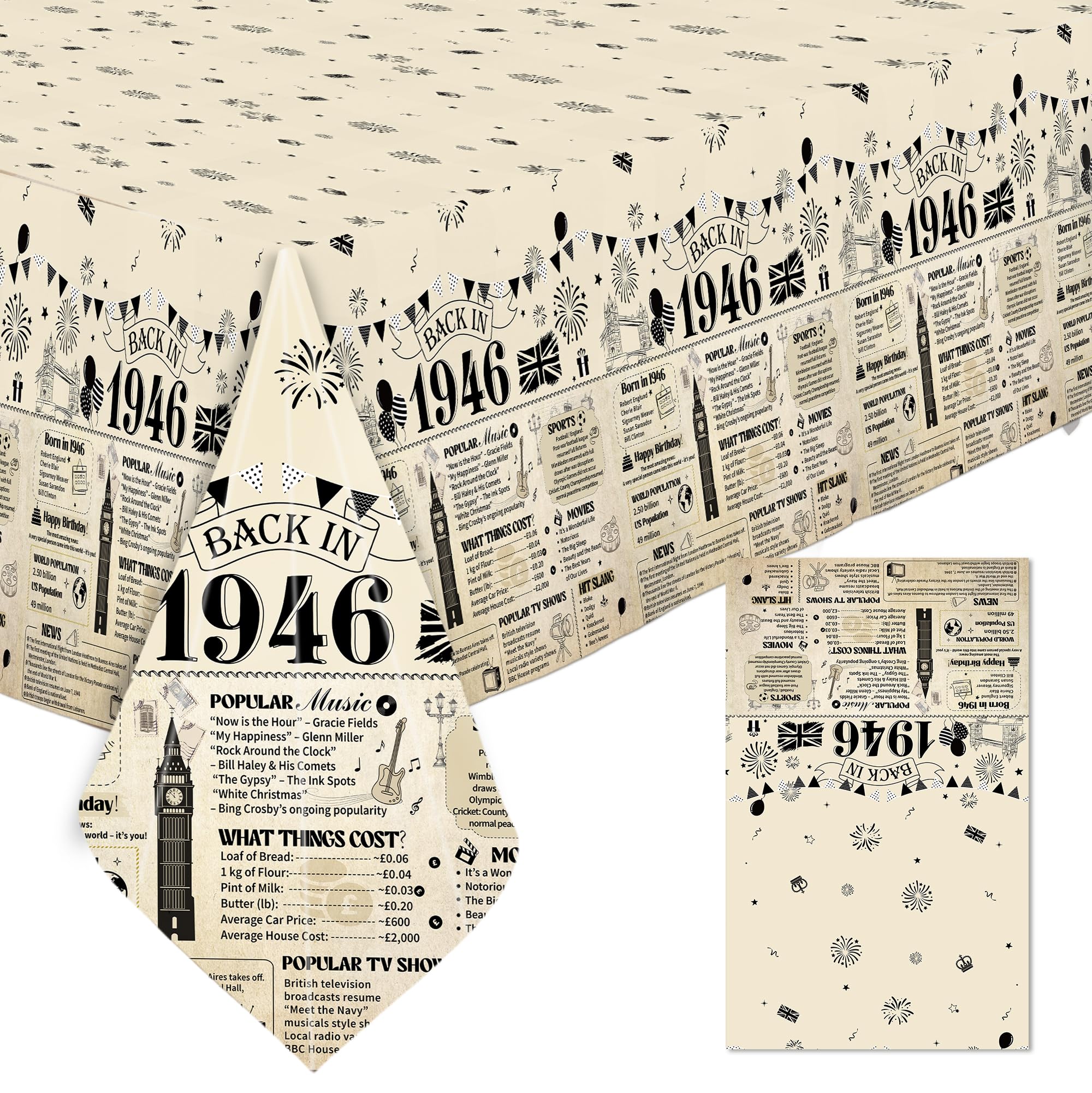 JoyAura 80th Birthday Table Cloth - Vintage Table Cover Back in 1946 Birthday Decorations for Him Her, 137x274cm Plastic Rectangular Dining Tablecloth for Women Men Birthday Party Supply