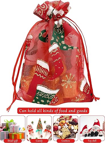 Miniatura 4 de Jexila 24 bolsas de regalo de organza de Navidad de 4 x 6 pulgadas con cordón de 11 patrones de mezcla de pequeñas golosinas de regalo de Navidad