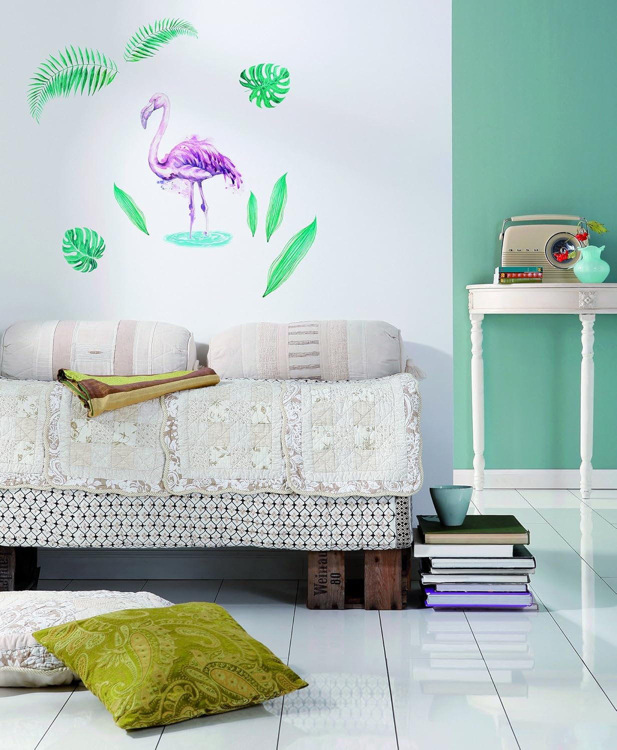 Komar 17057H Flamingo Deco Sticker Wall Sticker Wall Mural Wall Sticker 50聽x 70聽cm (W x H), 9聽Pieces, Residue-Free Removable & Reusable, Made in Germany, Green/Pink