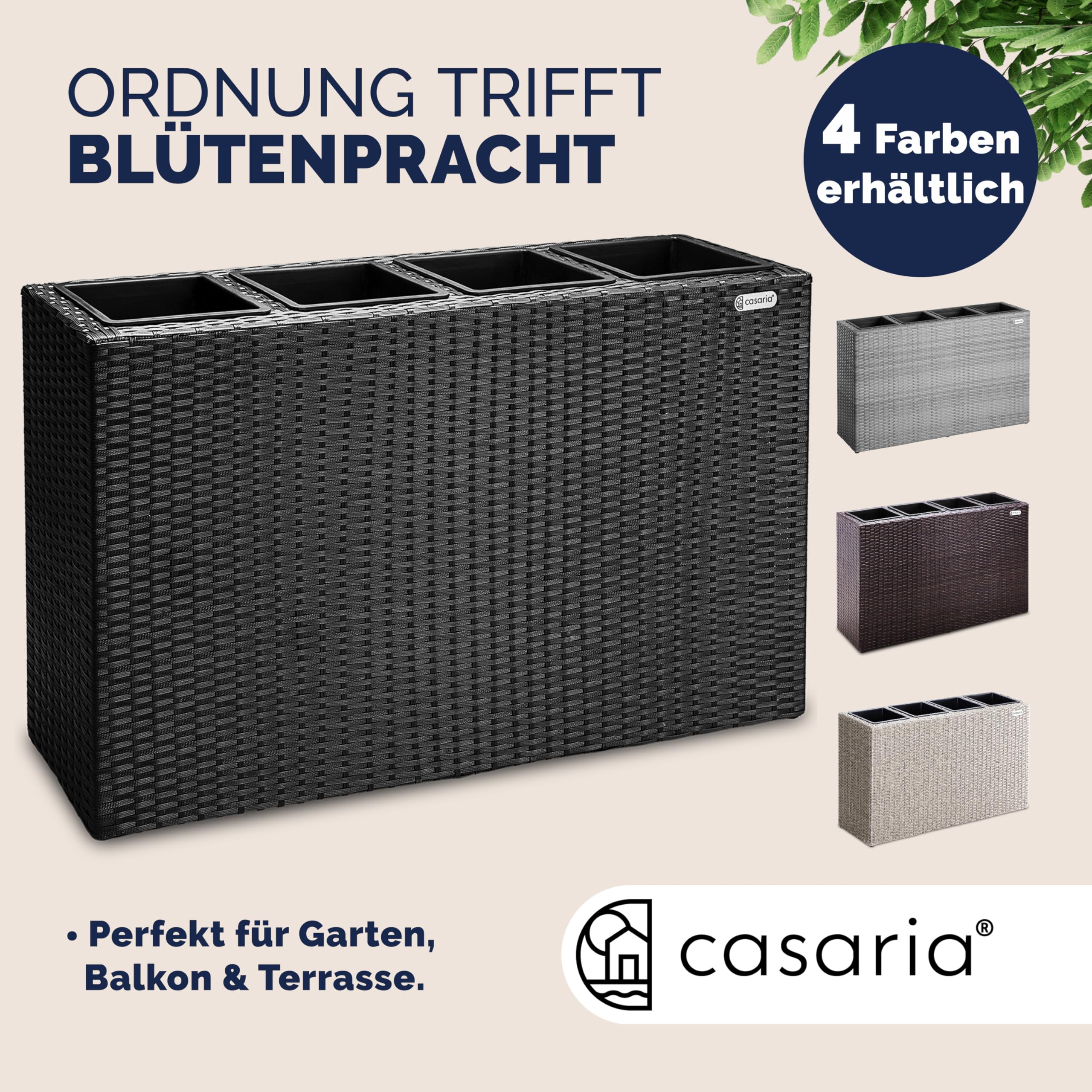Casaria Fioriera Rettangolare 95x27x60 cm con 4 Vasi Interni in Polyrattan con Sistema di Drenaggio Fioriere Porta Vaso da Fiori Piante Divisorio Giardino Balcone Terrazza Nero