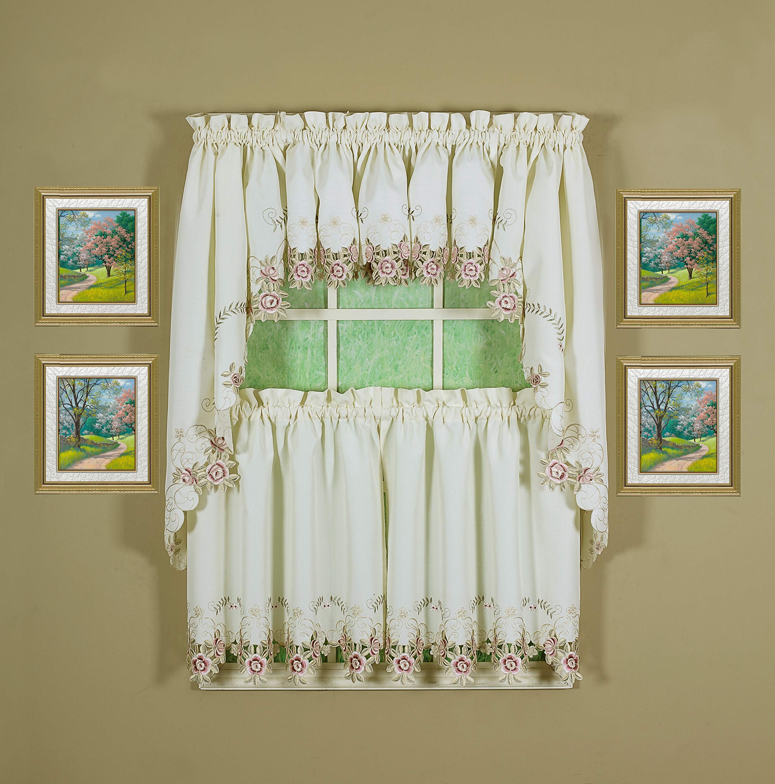 Today's Curtain Verona Reverse Embroidery Window Tier, 36-Inch, Ecru/Rose