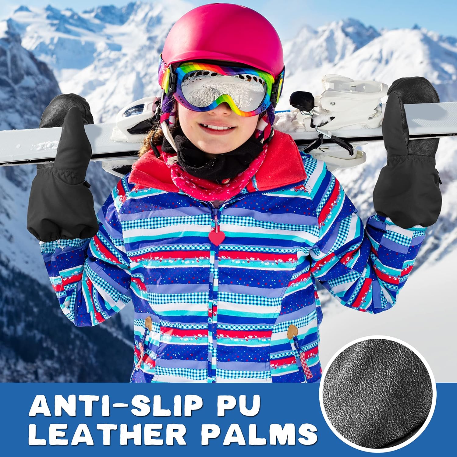 MCTi Kids Mittens Waterproof Winter Ski Warm Sherpa Lined Long Cuff with String - Image 4