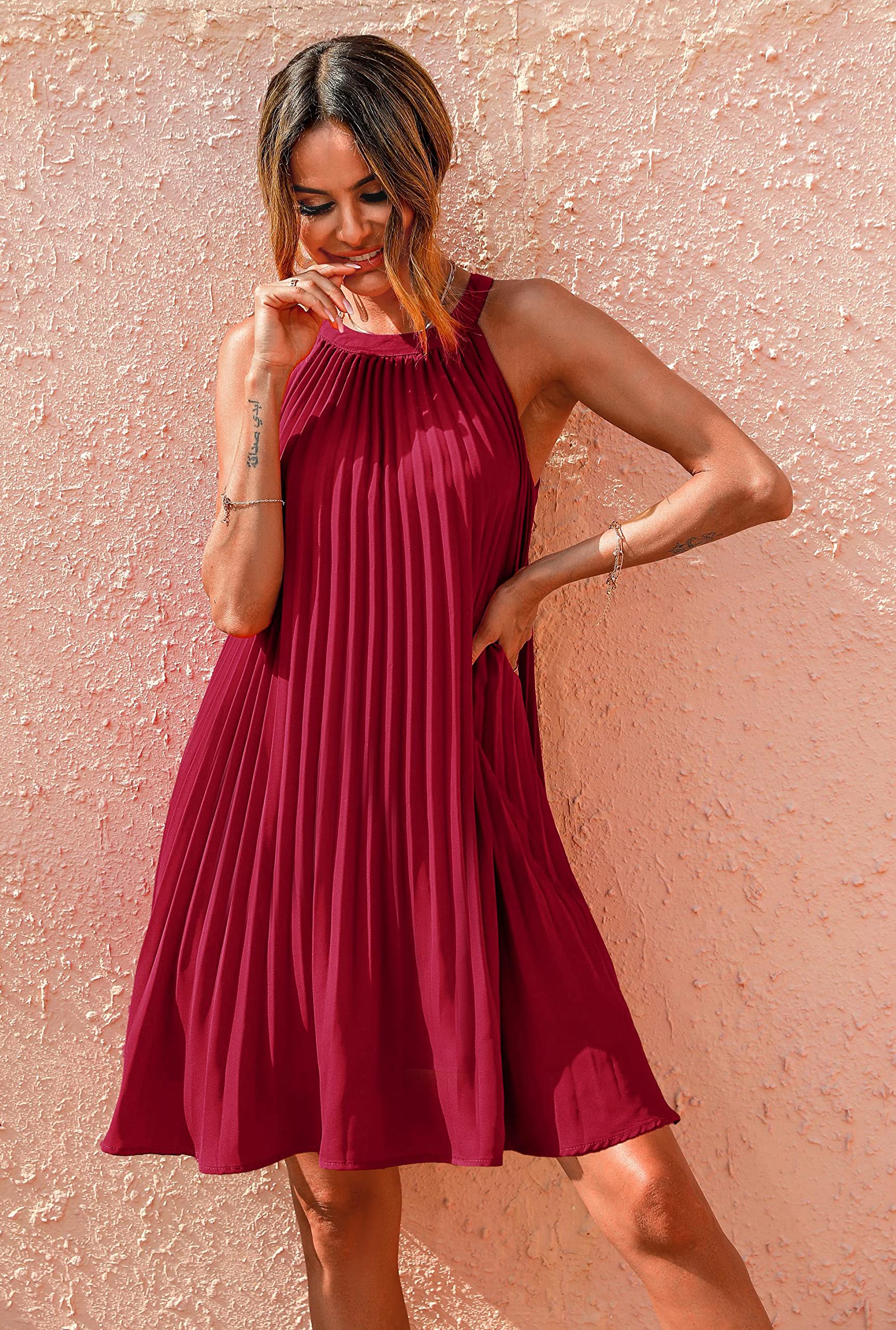 PRETTYGARDEN Summer Mini Halter Dresses for Women 2025 Sleeveless Pleated Short A Line Flowy Beach Wedding Guest Dress(Small, Wine Red)