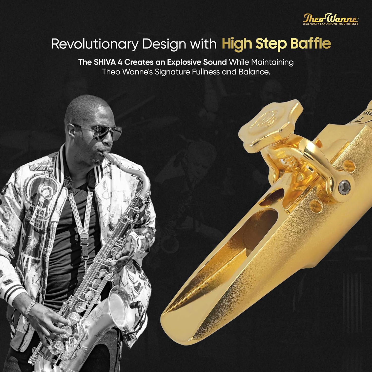 Theo Wanne Shiva 4 Alto Saxophone Mouthpiece with 24k Gold Plated Brass, Step and Rollover Baffle, Laser-Beam Focus & Small Chamber for Pop, Rock and Roll, Funk & Commercial Genres - Size 7(.081")