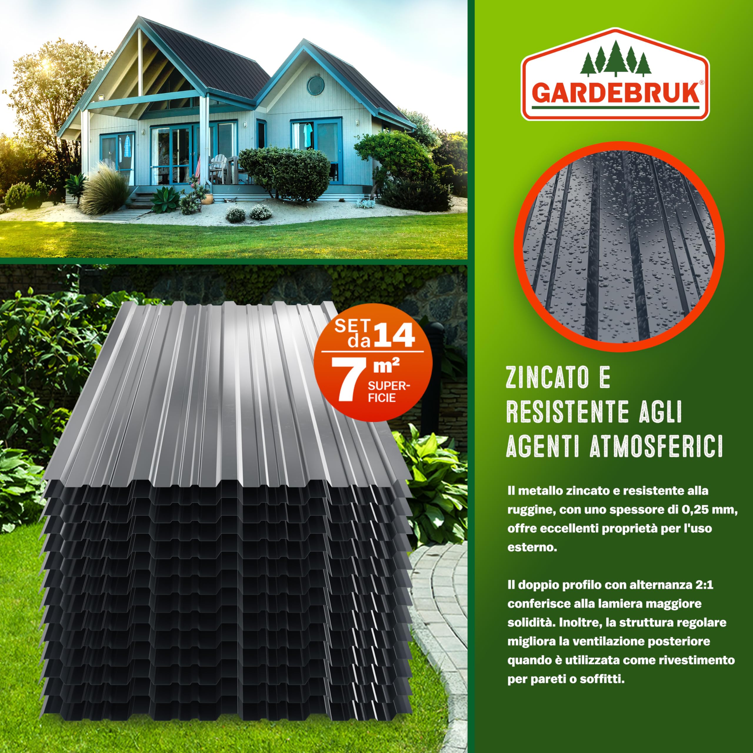 GARDEBRUK® 14x Lamiere Zincate Profilate110x46cm =7m² Lastre Trapezoidali Pannelli Copertura in Metallo Tetto Tettoia Lamiera Grecata Antracite