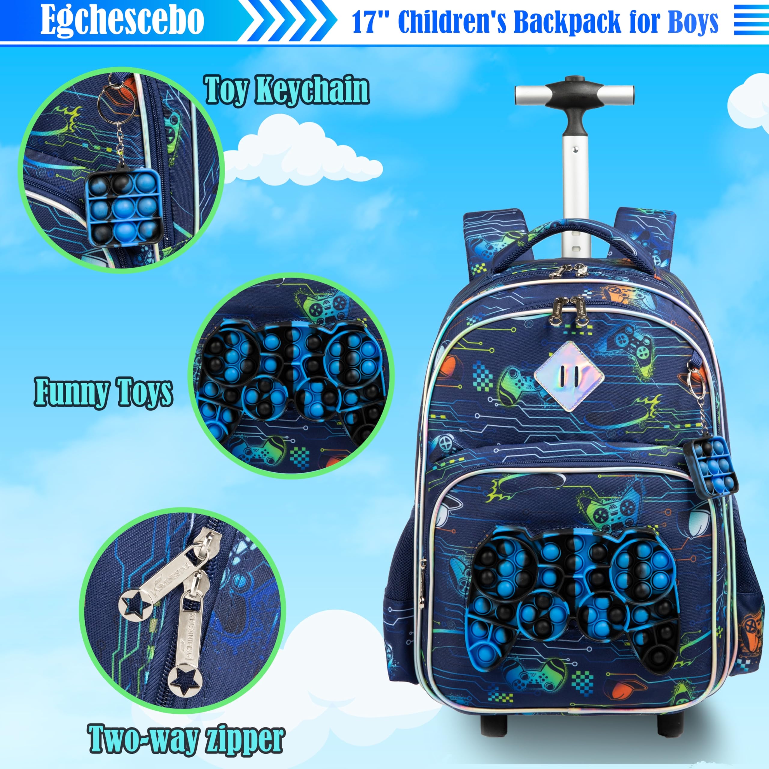 Kinder Rolling Gamepad Rucksack für Jungen Gepäck Koffer mit Rädern Trolley gerollt POP Roller Rucksäcke für Elementary Travel School Bags 17“ 3PCS Spielzeug Rucksack mit Lunch-Box Blau