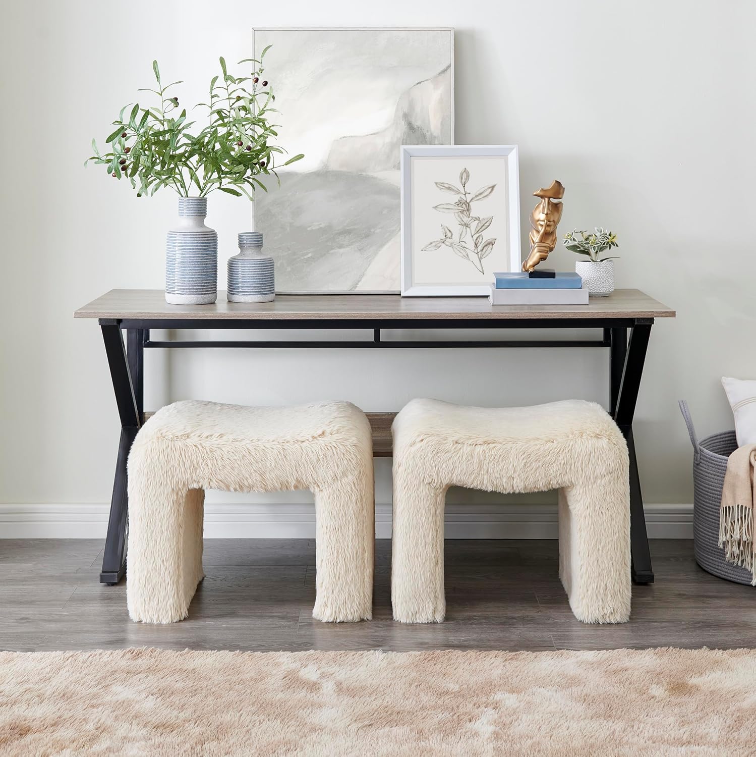 Roundhill Furniture Zorya Contemporary Faux Fur U-Shaped Ottoman, Set of 2
