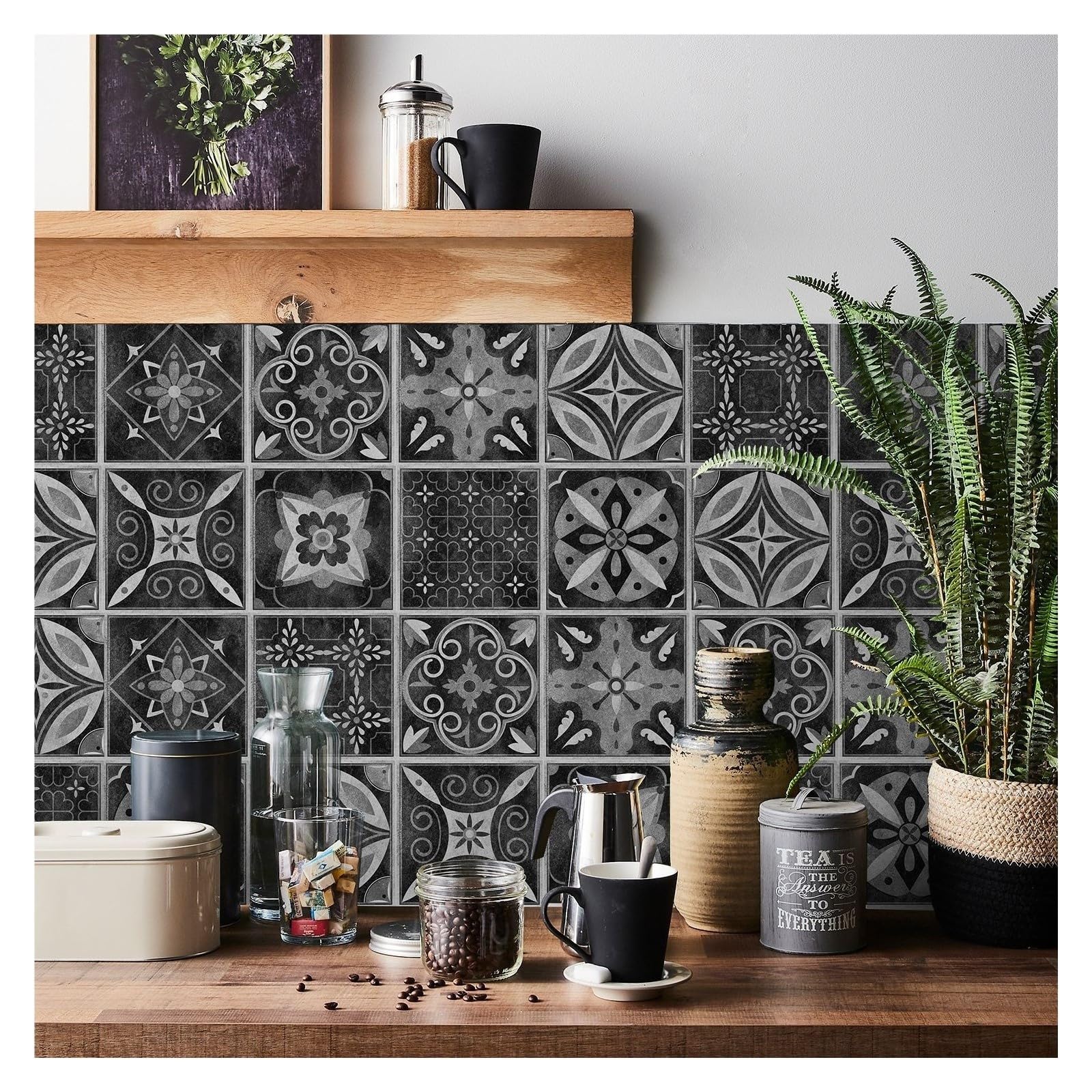 Azulejos florales nórdicos, pegatinas de pared autoadhesivas de 24 piezas for decoración, sala de estar, cocina, baño, azulejo impermeable a prueba de aceite(HZ94,L=20 * 20 * 24PCS)