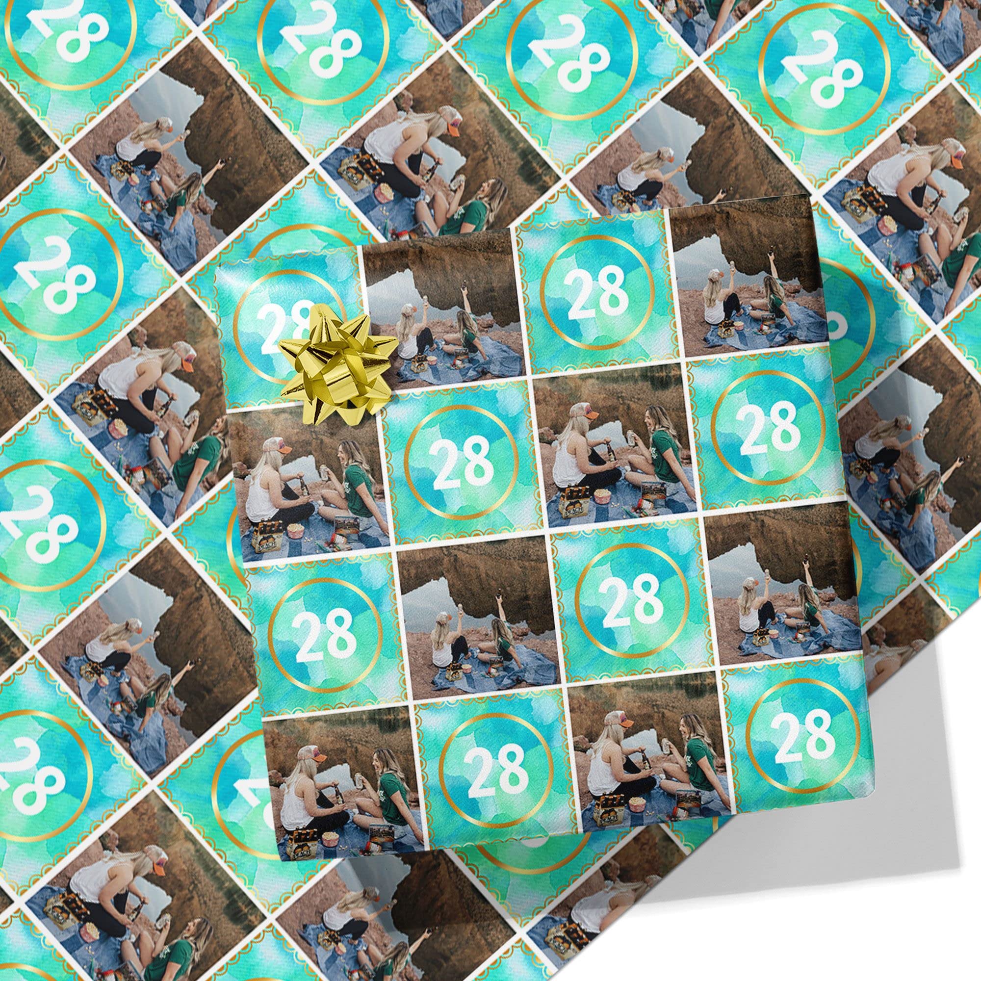 Printster Green and Blue Watercolour Birthday Personalised Wrapping Paper - Add Any Age & Photo -A2 Sheet - 420mm x 594mm-Green