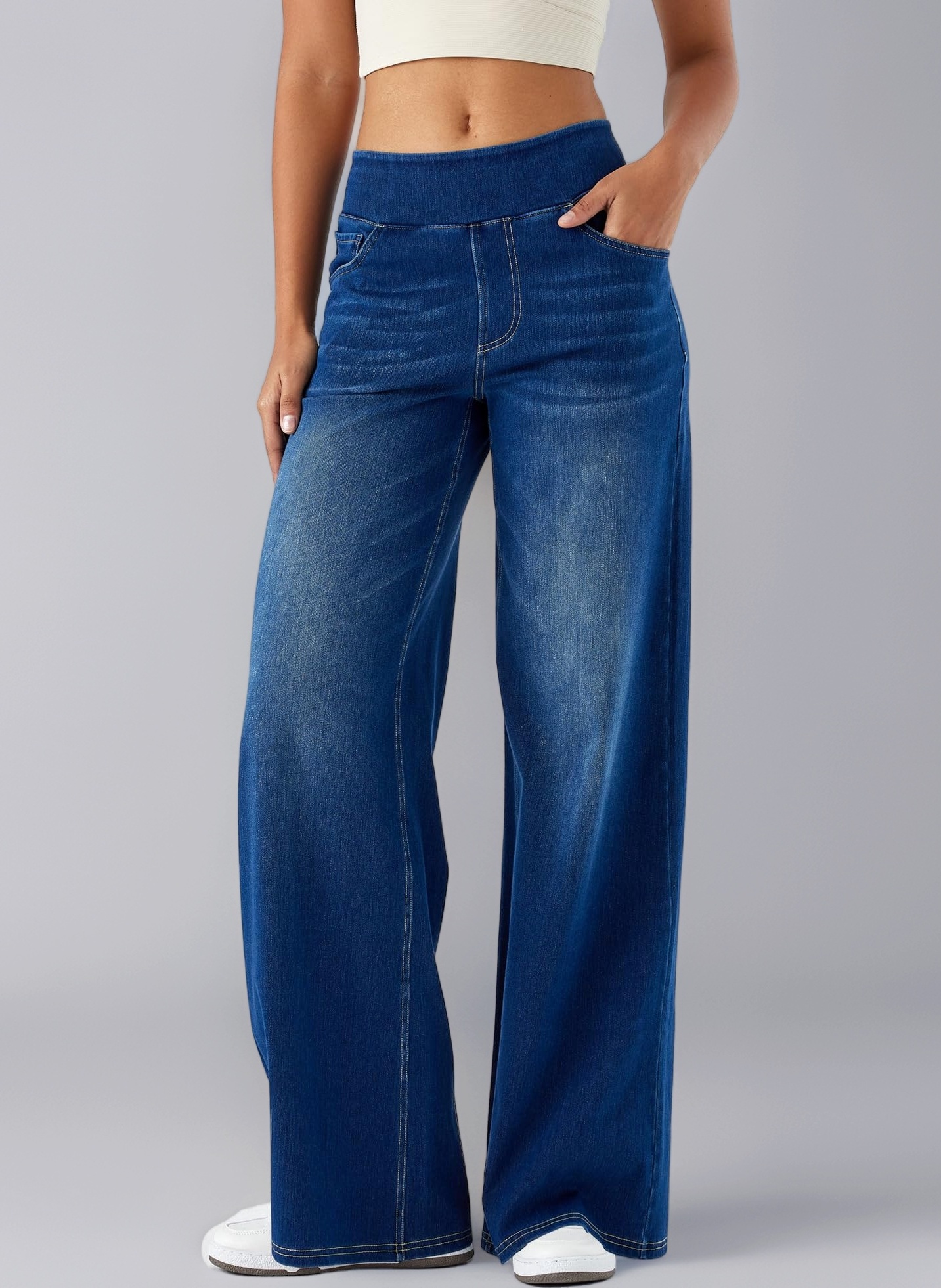 Large Denim Wide Leg Pants for Women, High Waisted and Slimming with Multiple Pockets, Straight Tube, Loose fit, Cat Whisker, Marbling wash Craft, High Elasticity Casual Jeans